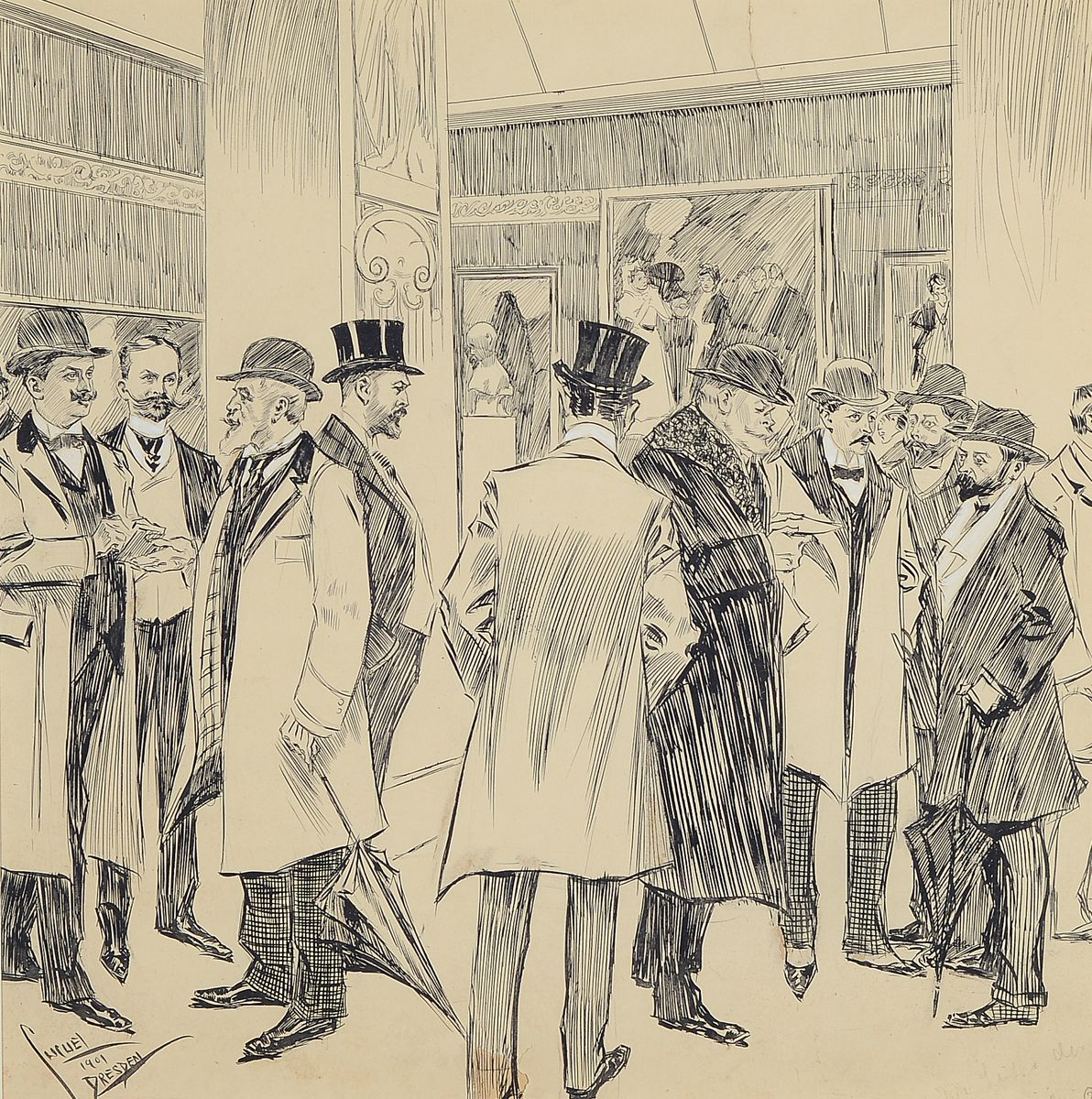 Eduard Cucuel, 1875 - 1954, "Die Leiter der Kunstausstellung", Tuschezeichnung, weiß gehöht, li. unten signiert und dat. 1901 Dresden, ...