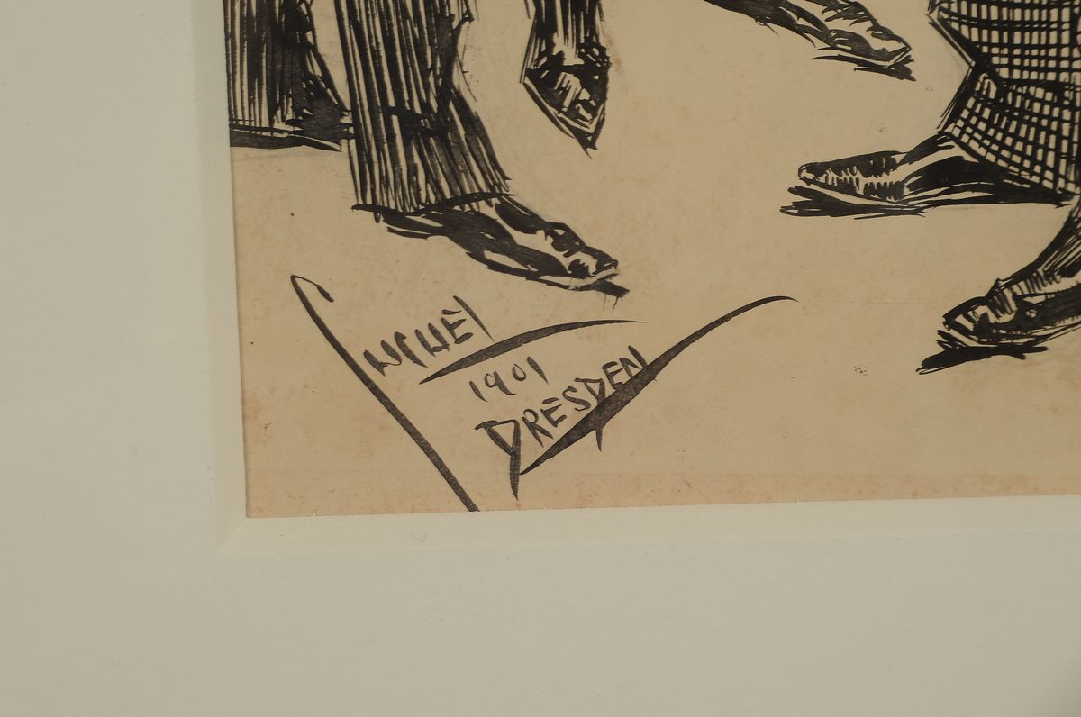Detail a: Eduard Cucuel, 1875 - 1954, "Die Leiter der Kunstausstellung", Tuschezeichnung, weiß gehöht, li. unten signiert und dat. 1901 Dresden, ...