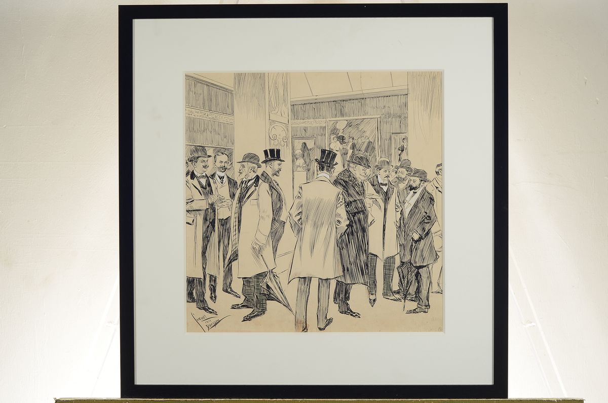 Detail k: Eduard Cucuel, 1875 - 1954, "Die Leiter der Kunstausstellung", Tuschezeichnung, weiß gehöht, li. unten signiert und dat. 1901 Dresden, ...