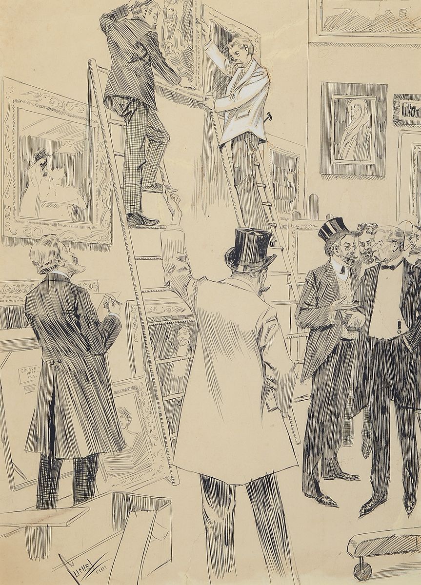 Eduard Cucuel, 1875 - 1954, "Hängekommission", Stellung", Tuschezeichnung, weiß gehöht, li. unten signiert, und dat. 1901 Dresden, ...