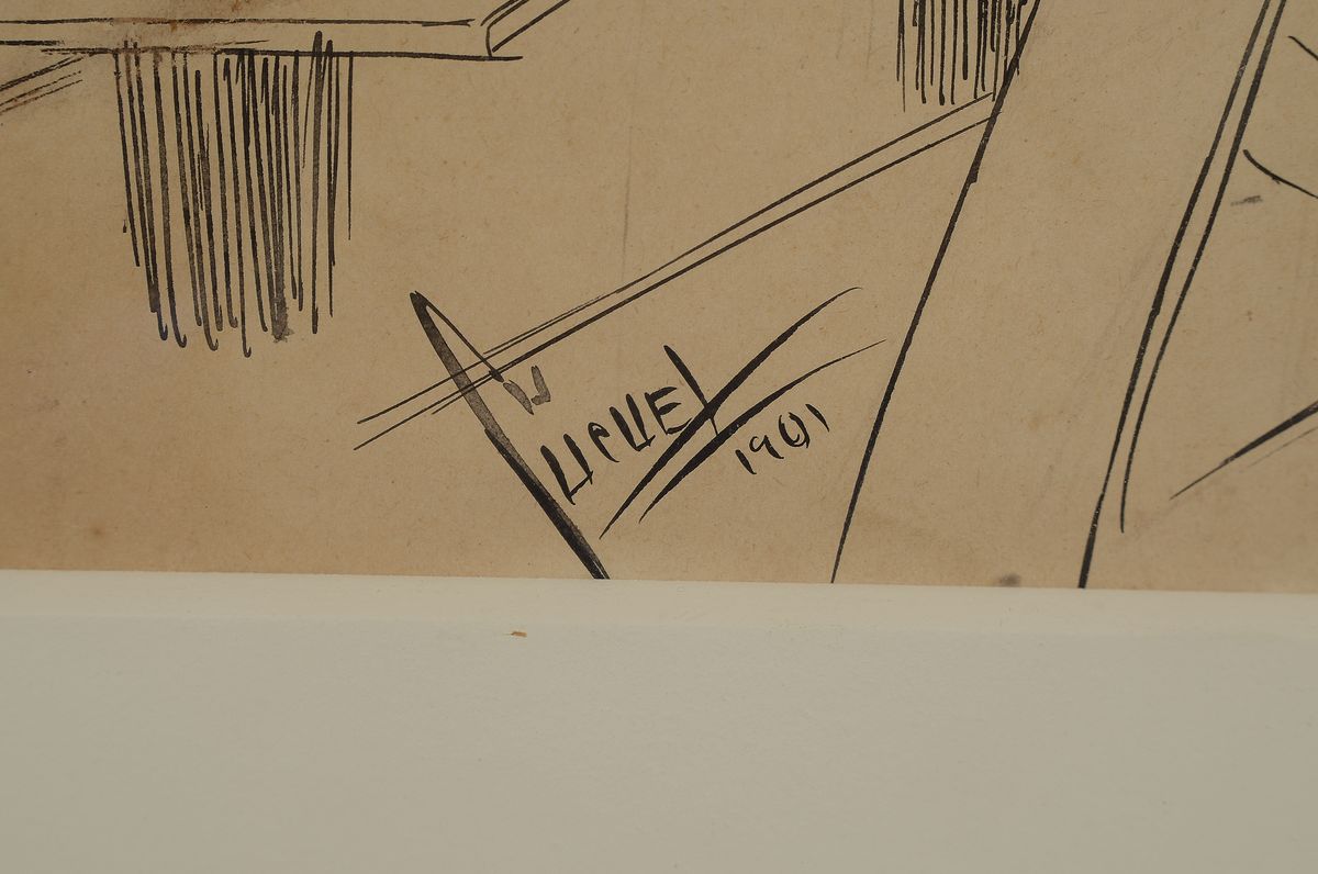 Detail a: Eduard Cucuel, 1875 - 1954, "Hängekommission", Stellung", Tuschezeichnung, weiß gehöht, li. unten signiert, und dat. 1901 Dresden, ...