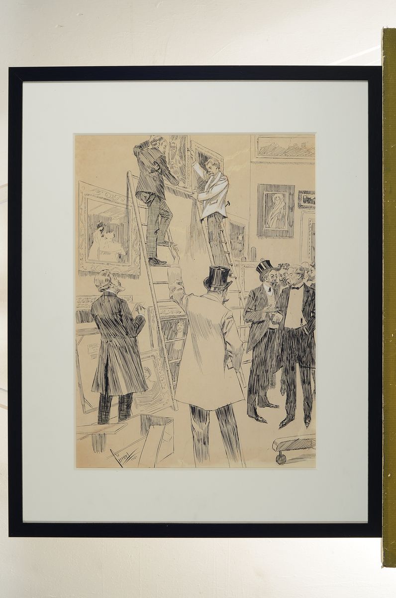 Detail k: Eduard Cucuel, 1875 - 1954, "Hängekommission", Stellung", Tuschezeichnung, weiß gehöht, li. unten signiert, und dat. 1901 Dresden, ...