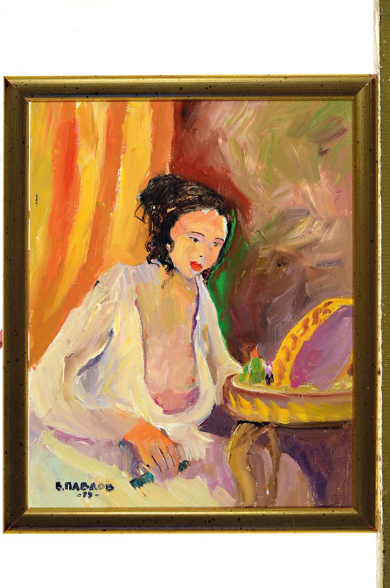 Detail k: Boris Pavlov, 1928-2005, "Morgentoilette, Paris, 1979", Öl/Holz, unten links handsign., dat. (19)79, verso Echtheits-Klebeetikett mit der ...