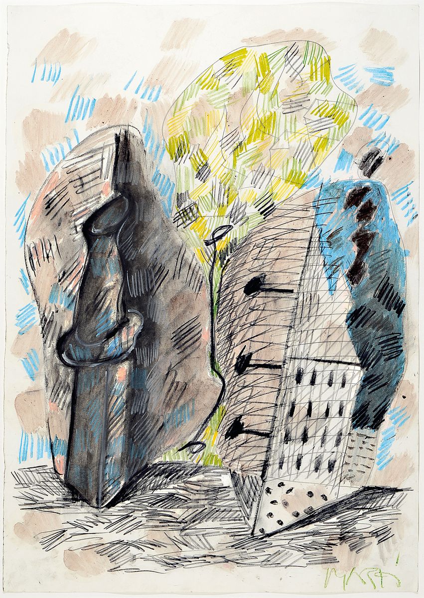 Markus Lüpertz, geb. 1941, Aquarell, farbige Kreide, Kohle und Bleistift auf Papier, unten rechts mit grüner Kreide mit "Markus", ...