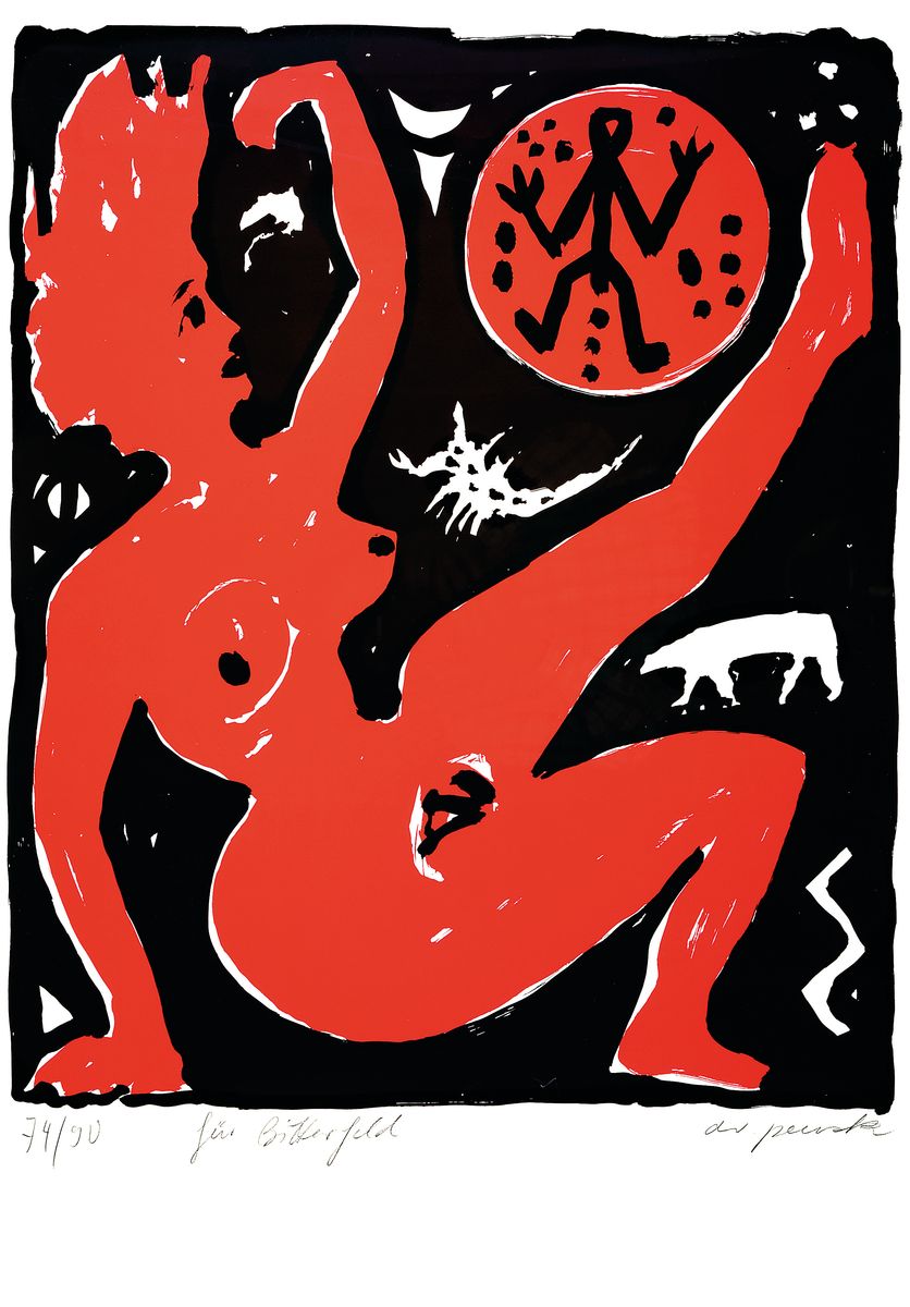 A.R. Penck, 1939-2017, Titel: "Für Bitterfeld-Roter Frauenakt", handsign., num., Blatt ca. 89,5x62,3 cm, R. ca. 93x65,5 cm