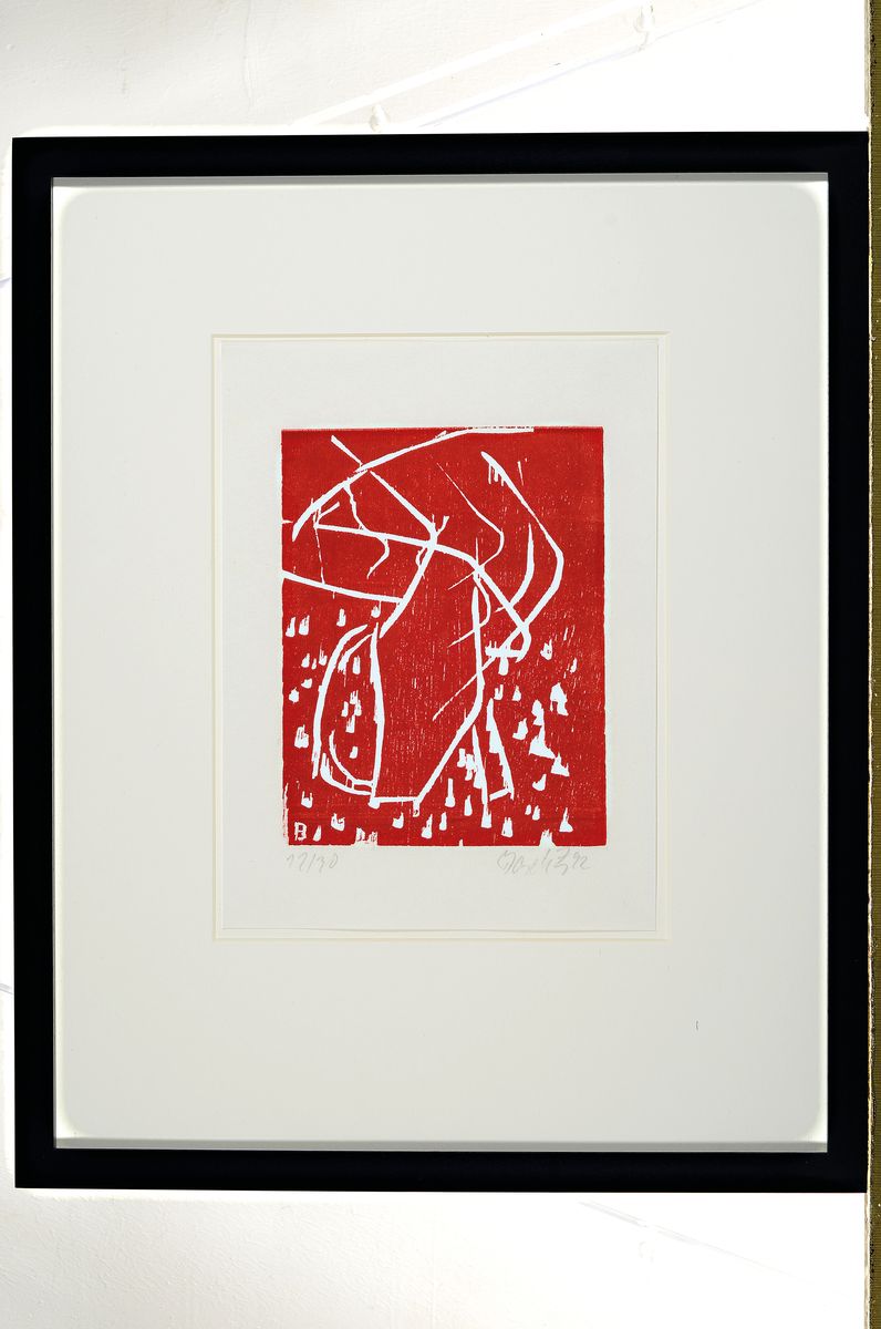 Detail k: Georg Baselitz, geb. 1938, Farbholzschnitt, handsign., num. 12/30, aus dem Jahre 1992, auf handpresse gedruckt, Blatt ca. 29,5x21,8, R. ca. 53x43 cm