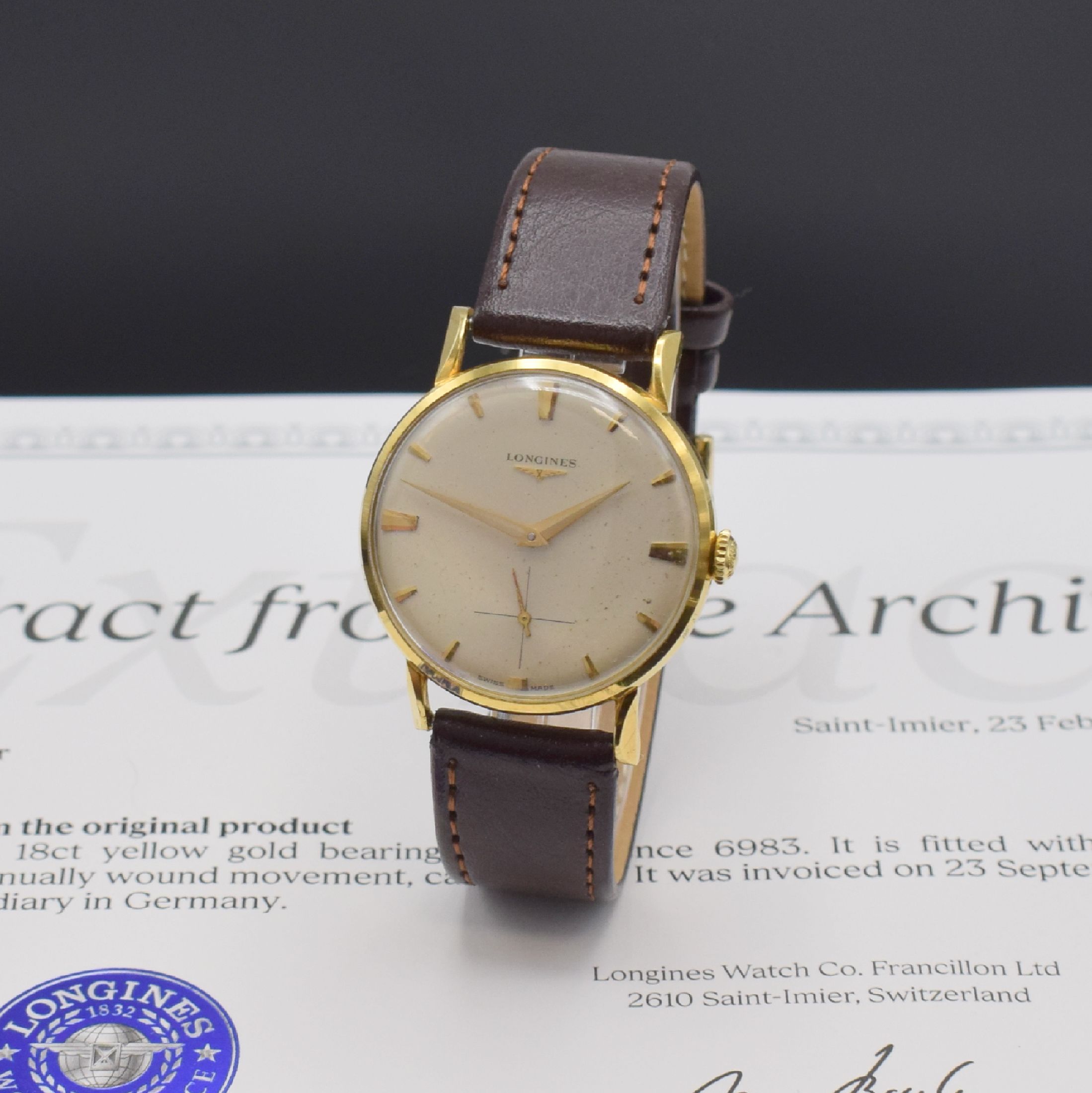 LONGINES Kaliber 30 L Herrenarmbanduhr in GG 750/000 Referenz 6983, Schweiz verk. lt. Stammbuchauszug 1963 nach Deutschland, Handaufzug, 2-tlg. Geh., ...