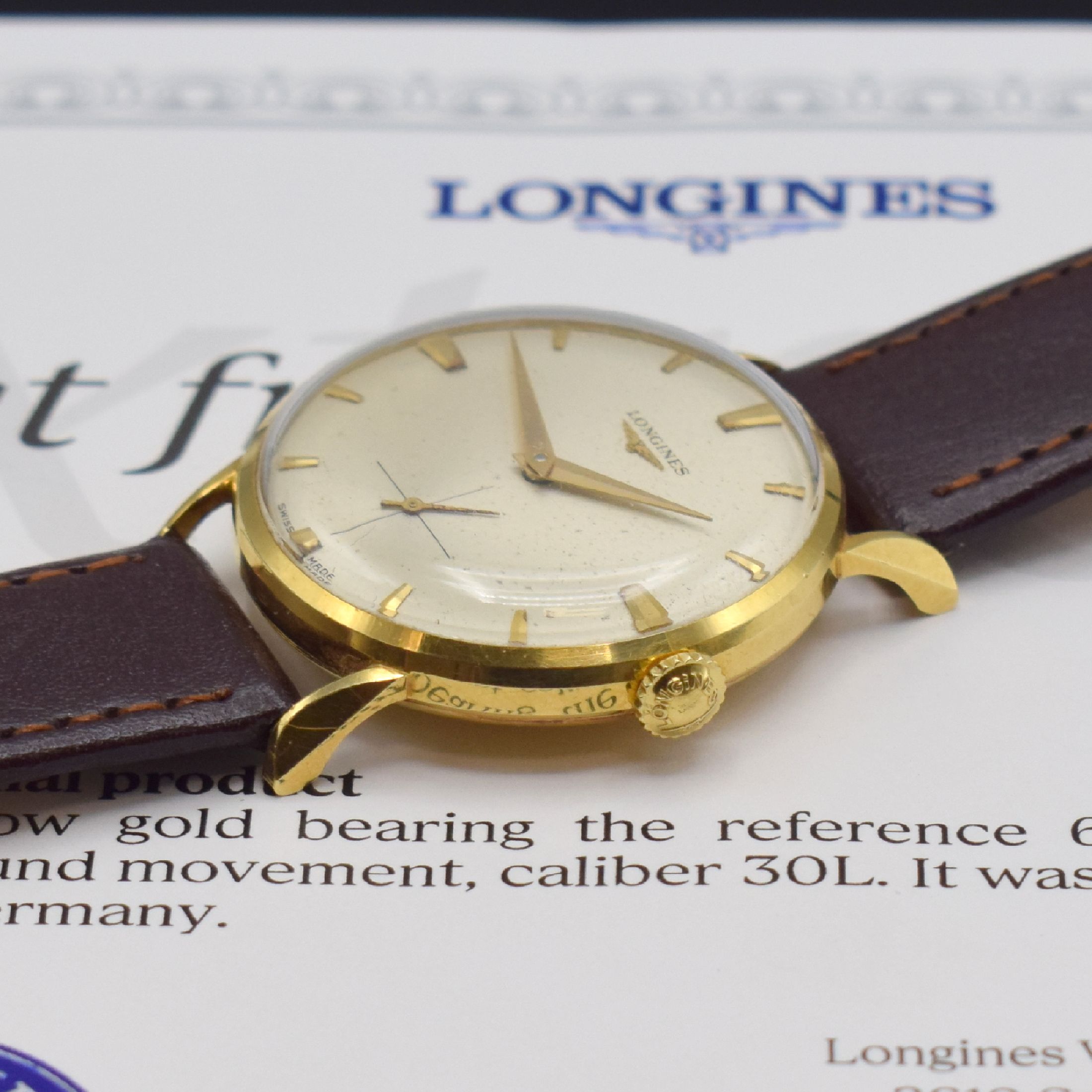 Detail b: LONGINES Kaliber 30 L Herrenarmbanduhr in GG 750/000 Referenz 6983, Schweiz verk. lt. Stammbuchauszug 1963 nach Deutschland, Handaufzug, 2-tlg. Geh., ...