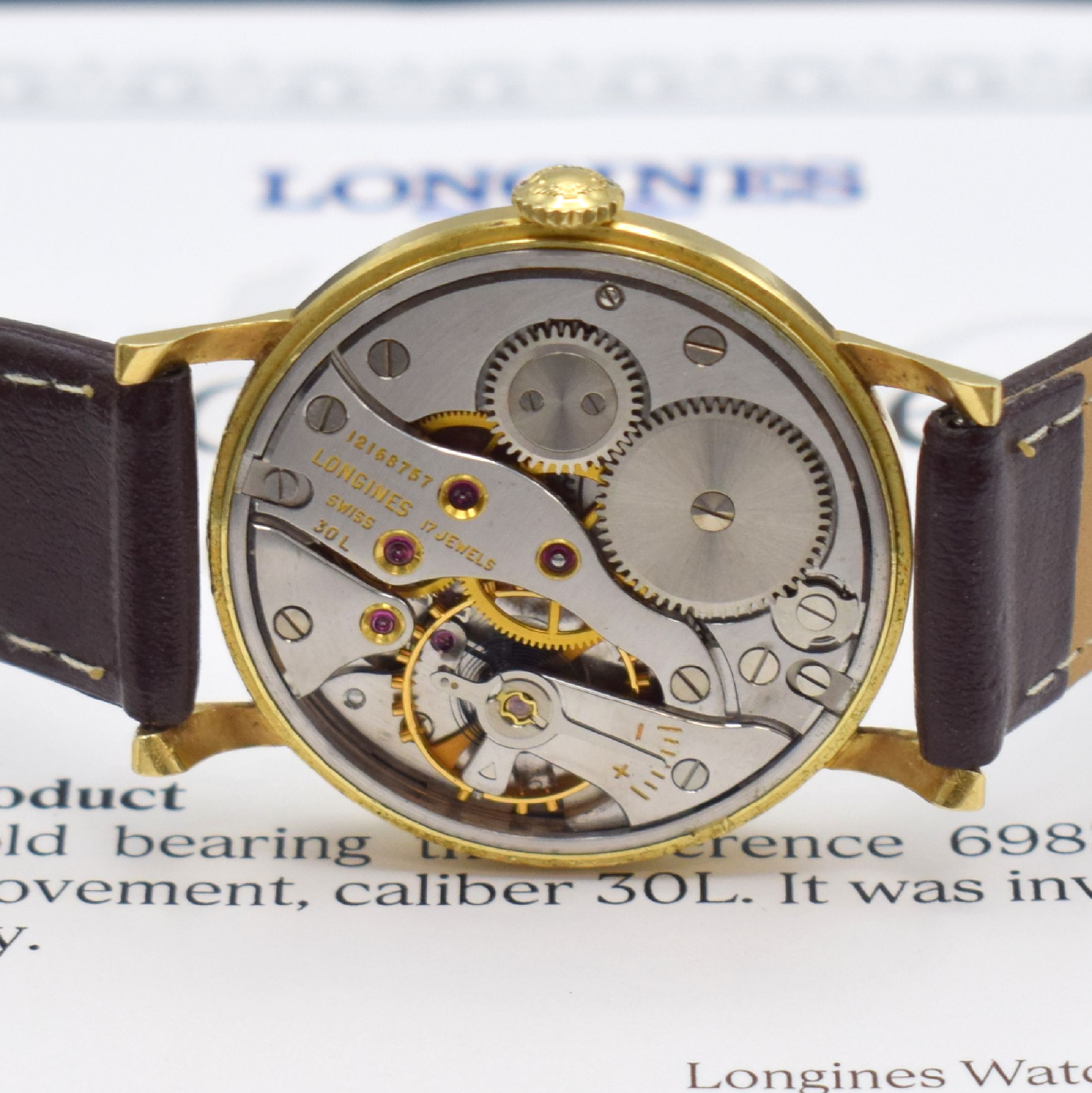 Detail d: LONGINES Kaliber 30 L Herrenarmbanduhr in GG 750/000 Referenz 6983, Schweiz verk. lt. Stammbuchauszug 1963 nach Deutschland, Handaufzug, 2-tlg. Geh., ...