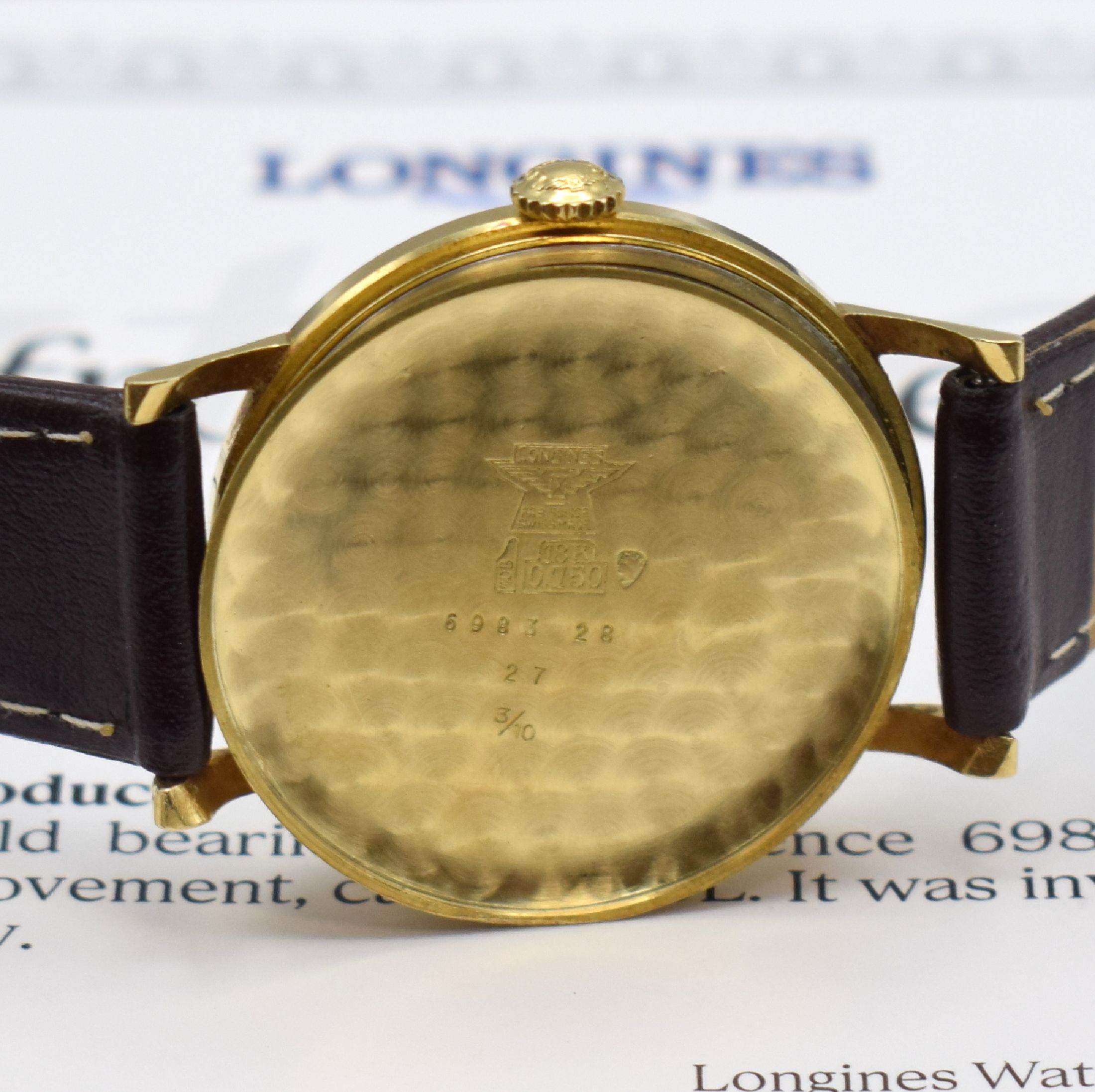 Detail e: LONGINES Kaliber 30 L Herrenarmbanduhr in GG 750/000 Referenz 6983, Schweiz verk. lt. Stammbuchauszug 1963 nach Deutschland, Handaufzug, 2-tlg. Geh., ...