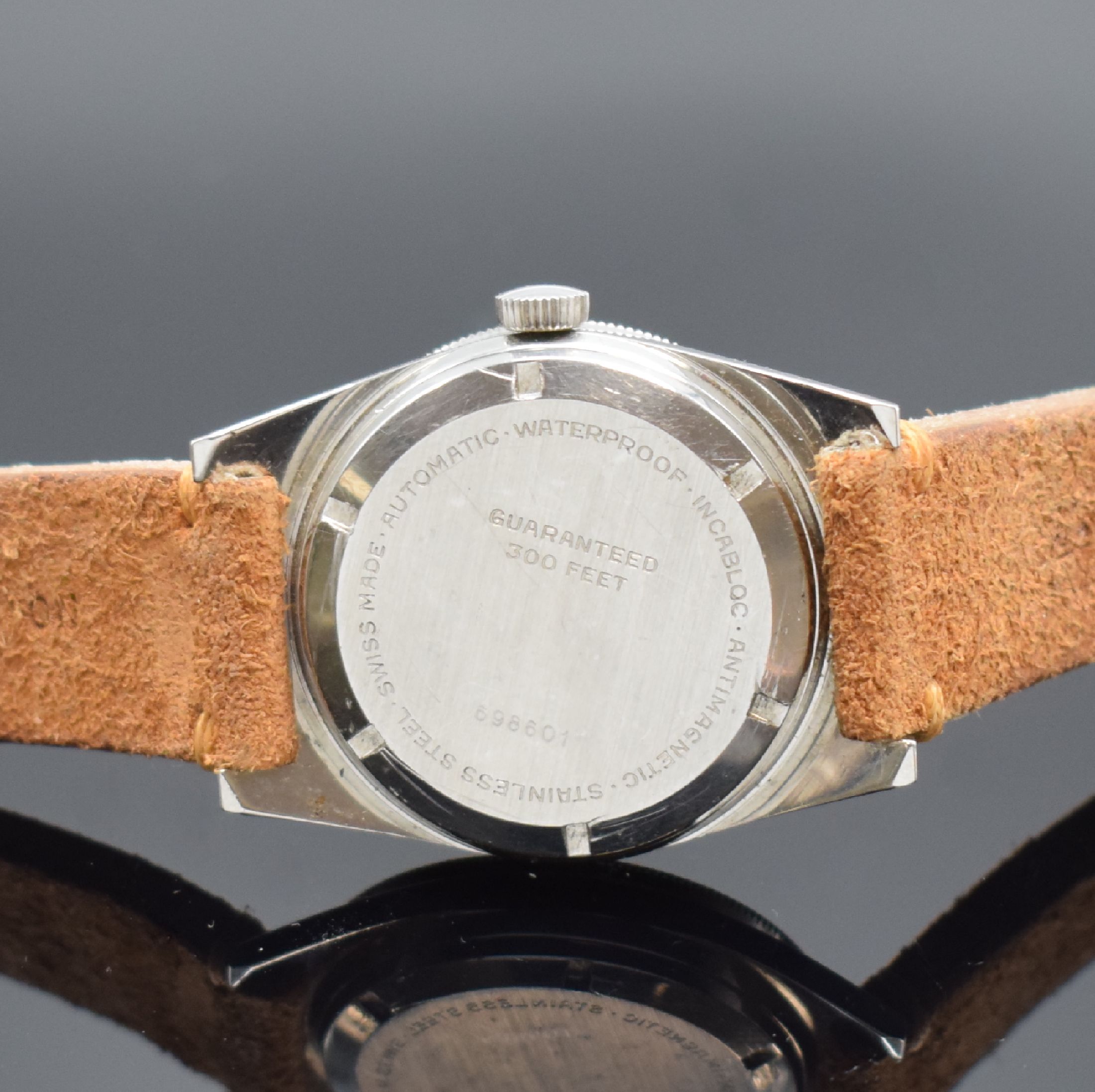Detail c: LE CHEMINANT Master Mariner Herrensportuhr in Stahl, Schweiz um 1960, Automatik, verschr. Geh., Stahl-Drehlünette m. 60er-Tlg., schwarzes Zifferbl. ...