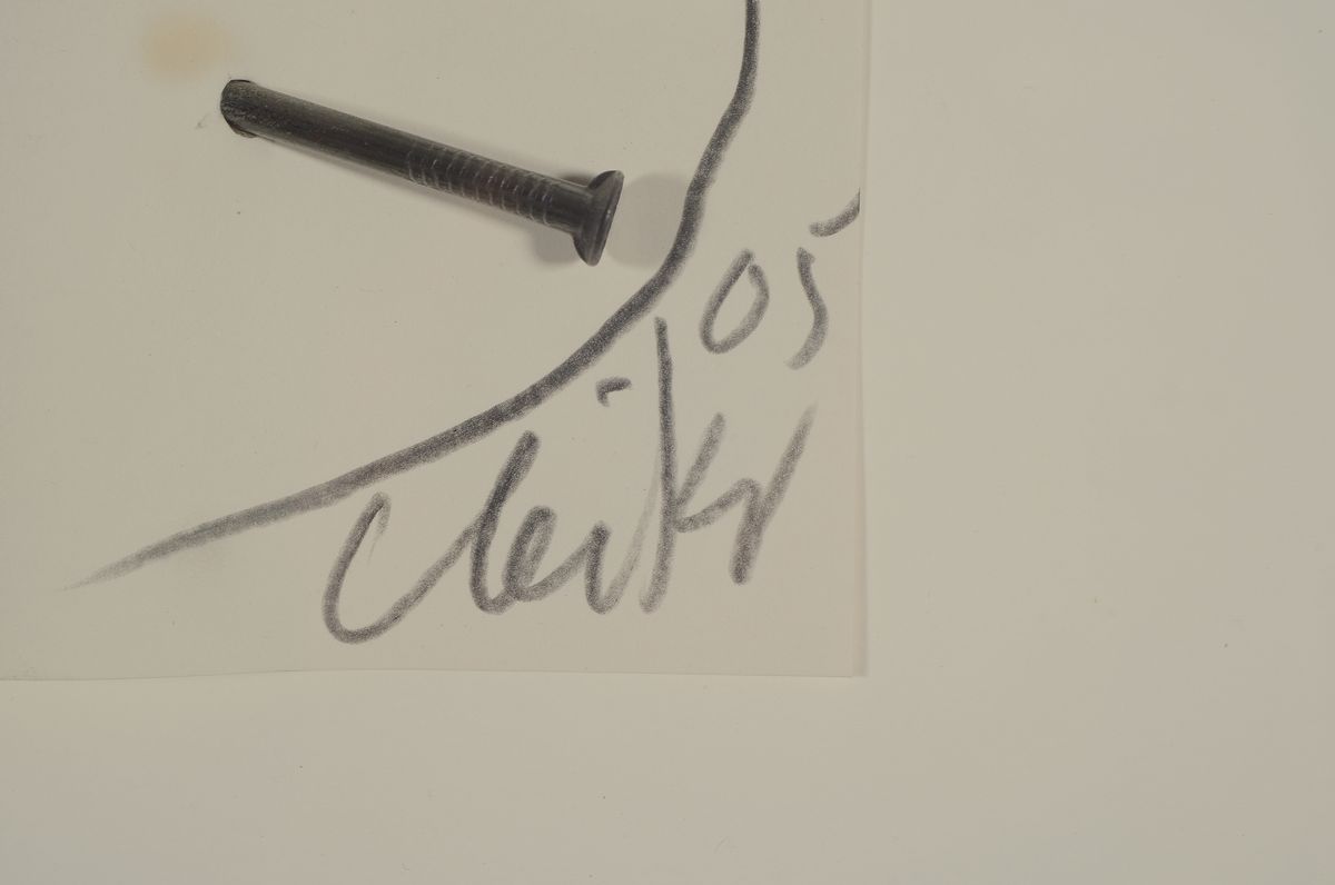 Detail a: Günther Uecker, geb. 1930, Nagelobjekt, Großer Nagel durch Papier, handsign., dat. (20)05, unter Glas, Holzrahmen, gesamt ca. 24x32 cm