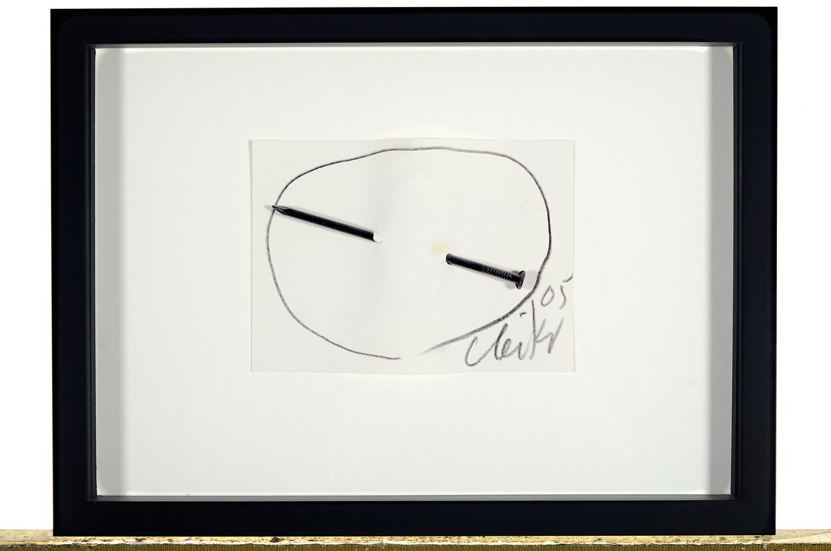 Detail k: Günther Uecker, geb. 1930, Nagelobjekt, Großer Nagel durch Papier, handsign., dat. (20)05, unter Glas, Holzrahmen, gesamt ca. 24x32 cm