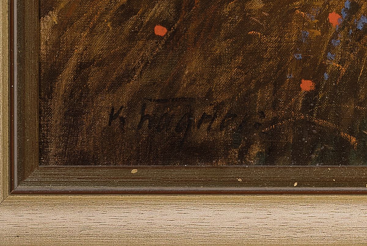 Detail a: Karl Wagner, 1839 Karlsruhe-1923 Düsseldorf,Feldweg zwischen Bäumen und Getreidefeld, Öl/Lwd, links unten signiert, ca. 70x95cm, R. ca. 83x108cm