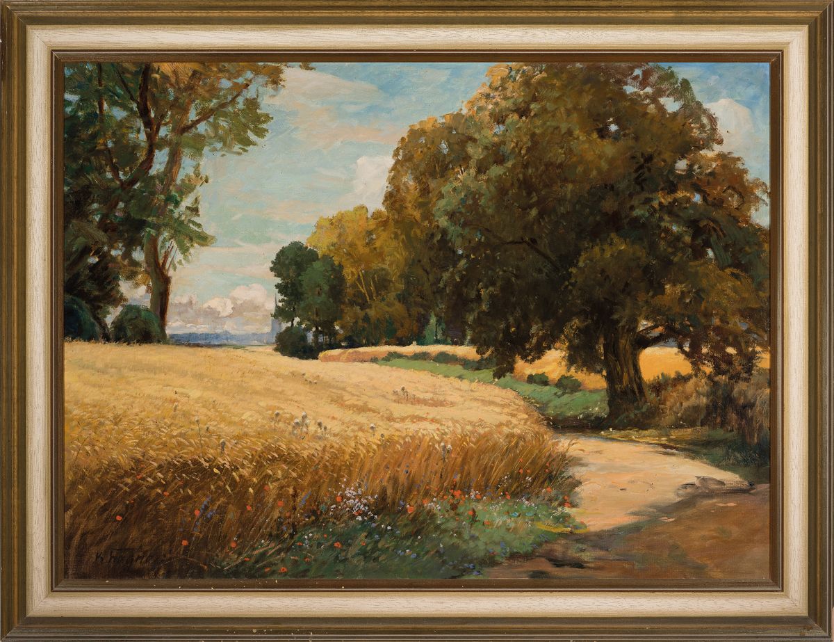 Detail k: Karl Wagner, 1839 Karlsruhe-1923 Düsseldorf,Feldweg zwischen Bäumen und Getreidefeld, Öl/Lwd, links unten signiert, ca. 70x95cm, R. ca. 83x108cm