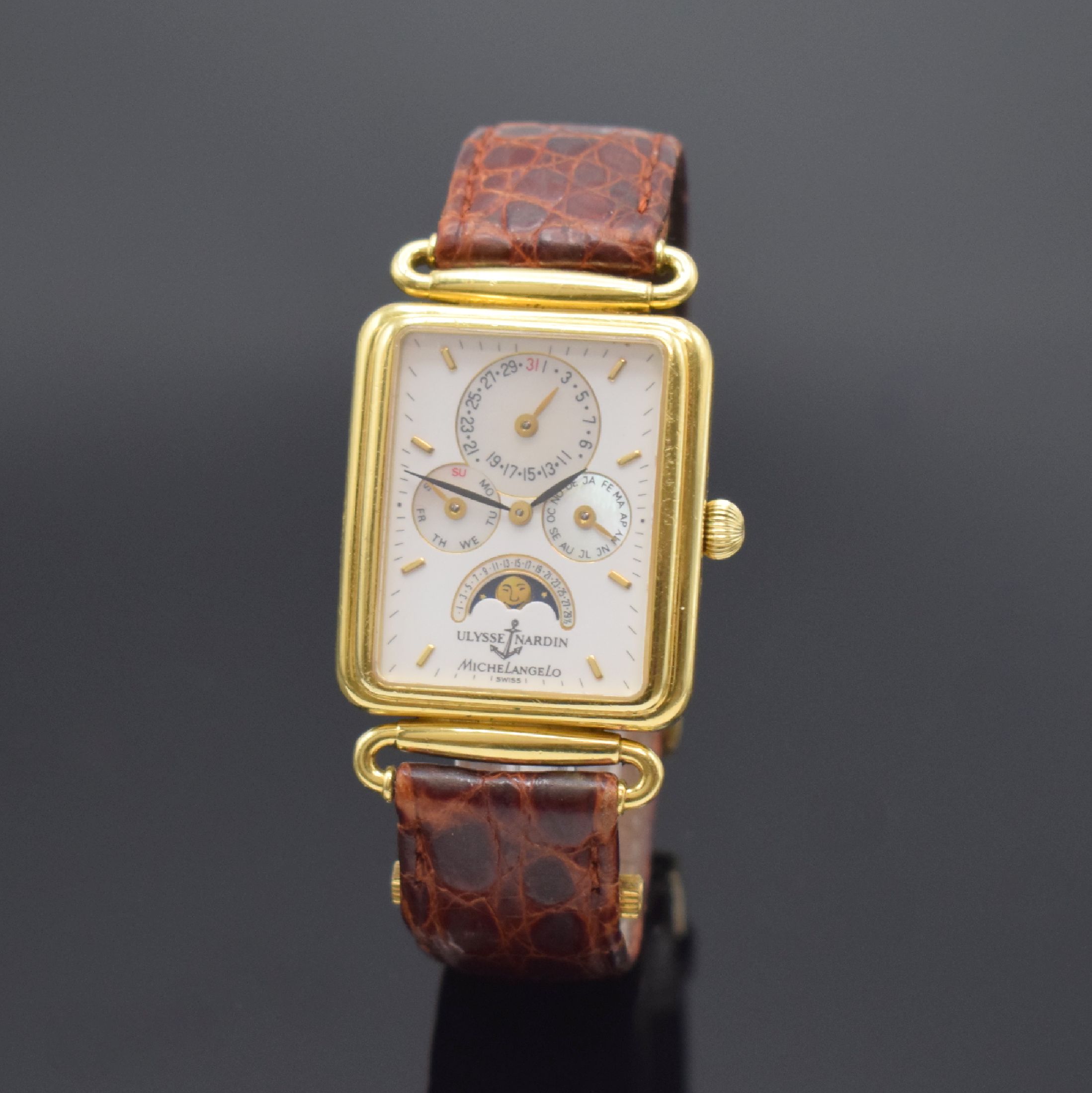 ULYSSE NARDIN Michelangelo Armbanduhr mit Vollkalender in GG 750/000, Schweiz lt. orig. Papier verk. 1988, Automatik, schweres beids. vergl. Geh., ...