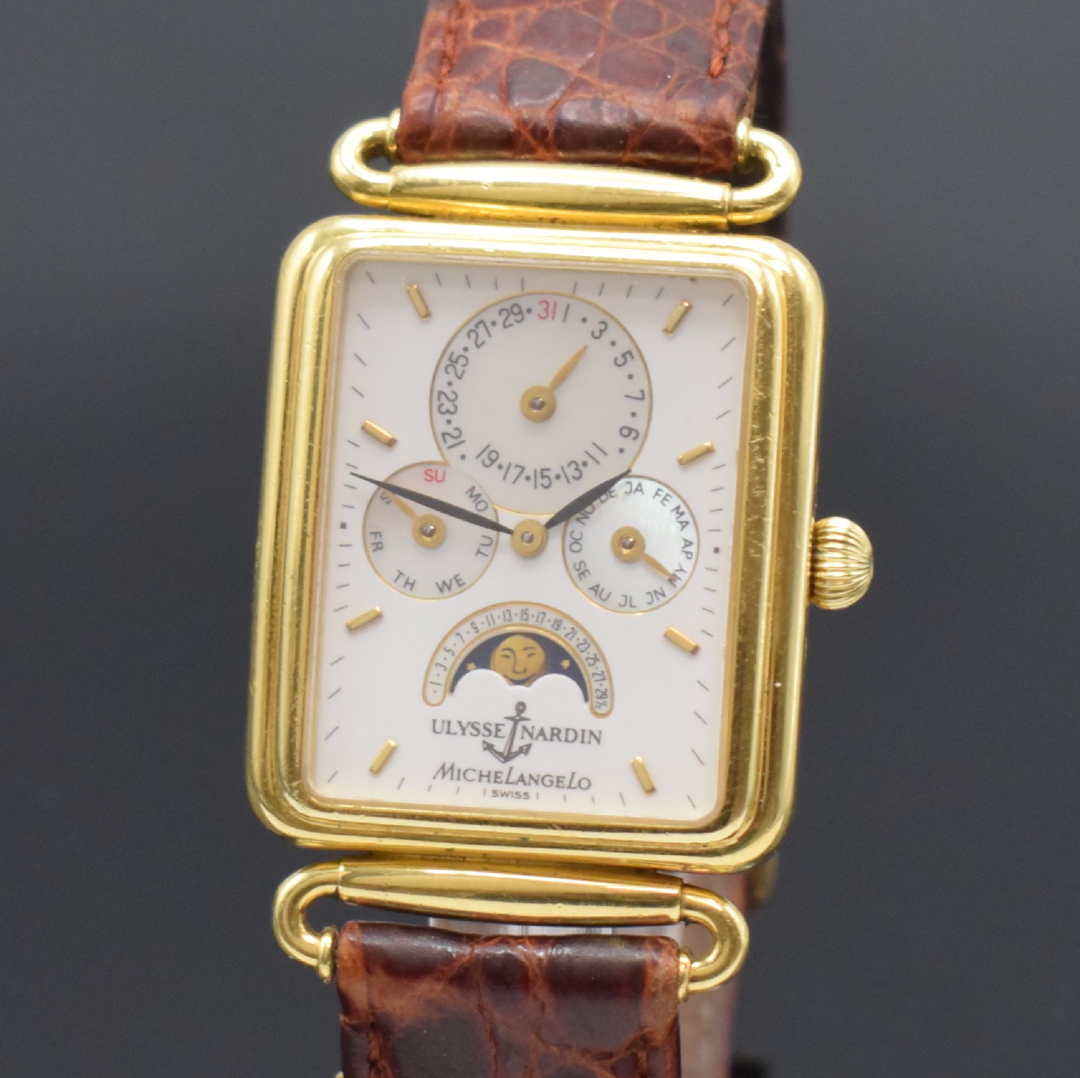 Detail a: ULYSSE NARDIN Michelangelo Armbanduhr mit Vollkalender in GG 750/000, Schweiz lt. orig. Papier verk. 1988, Automatik, schweres beids. vergl. Geh., ...