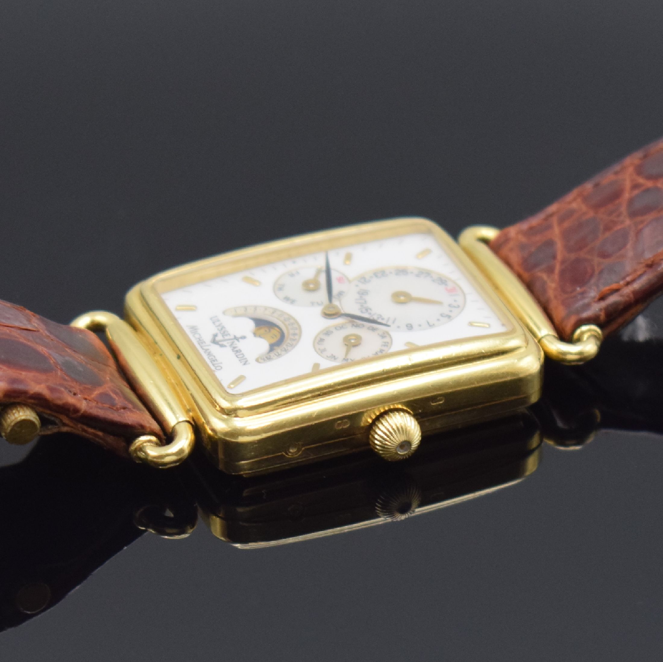 Detail b: ULYSSE NARDIN Michelangelo Armbanduhr mit Vollkalender in GG 750/000, Schweiz lt. orig. Papier verk. 1988, Automatik, schweres beids. vergl. Geh., ...