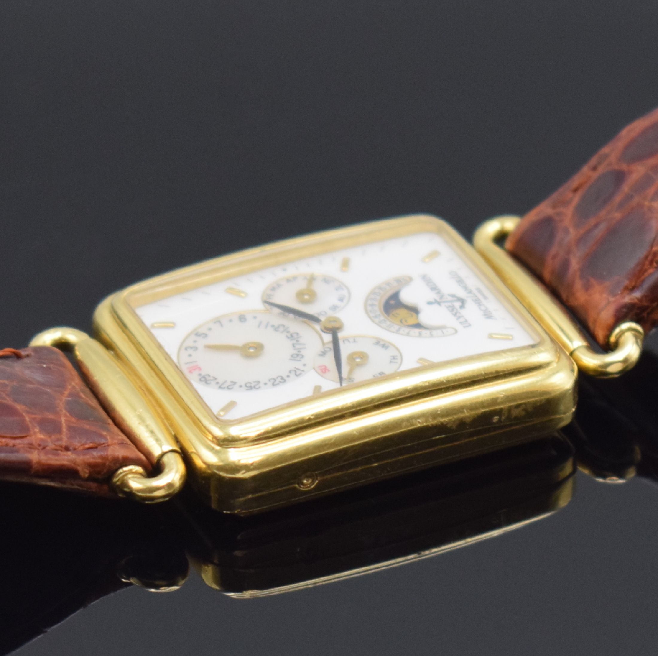 Detail c: ULYSSE NARDIN Michelangelo Armbanduhr mit Vollkalender in GG 750/000, Schweiz lt. orig. Papier verk. 1988, Automatik, schweres beids. vergl. Geh., ...