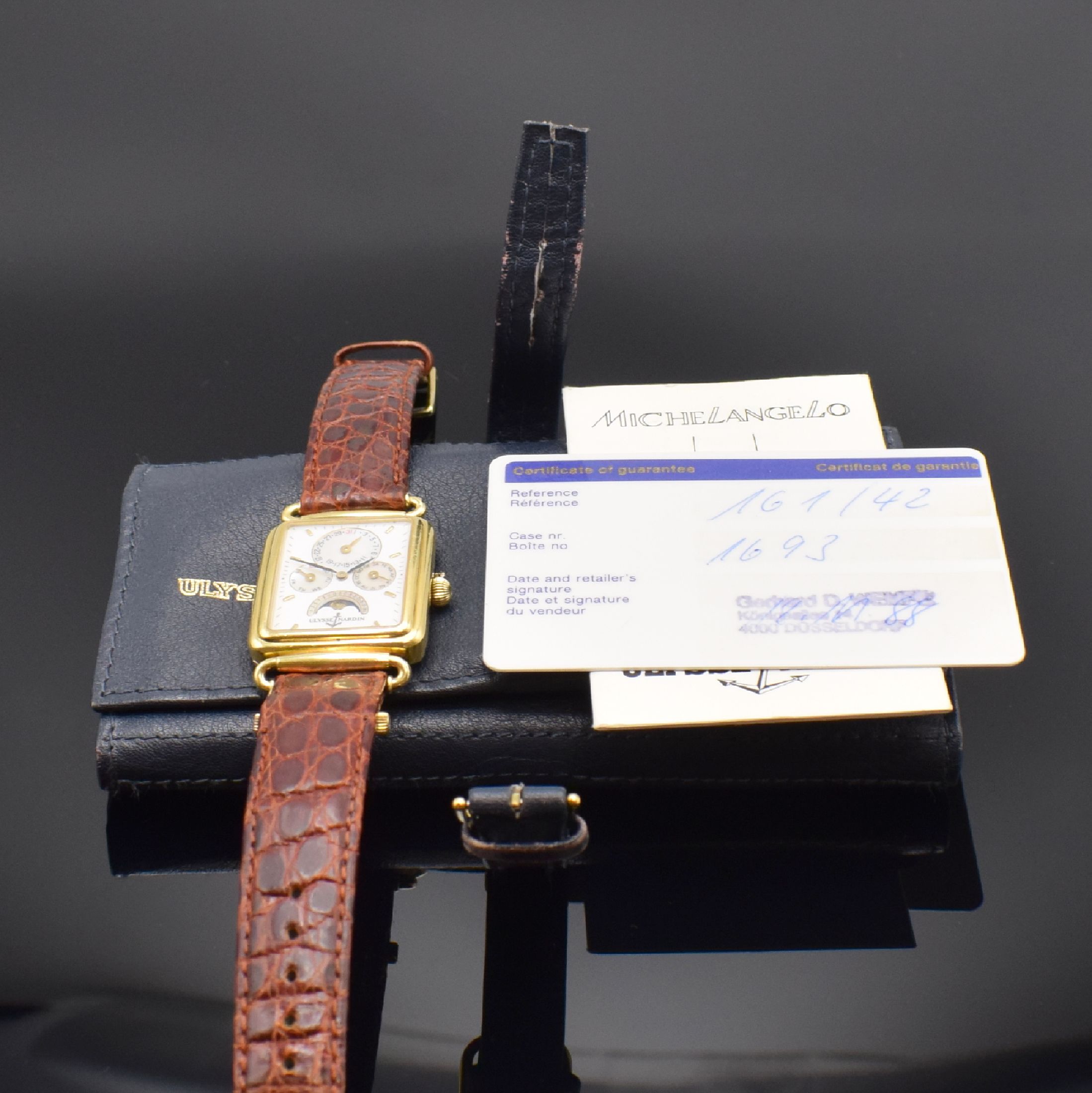 Detail f: ULYSSE NARDIN Michelangelo Armbanduhr mit Vollkalender in GG 750/000, Schweiz lt. orig. Papier verk. 1988, Automatik, schweres beids. vergl. Geh., ...