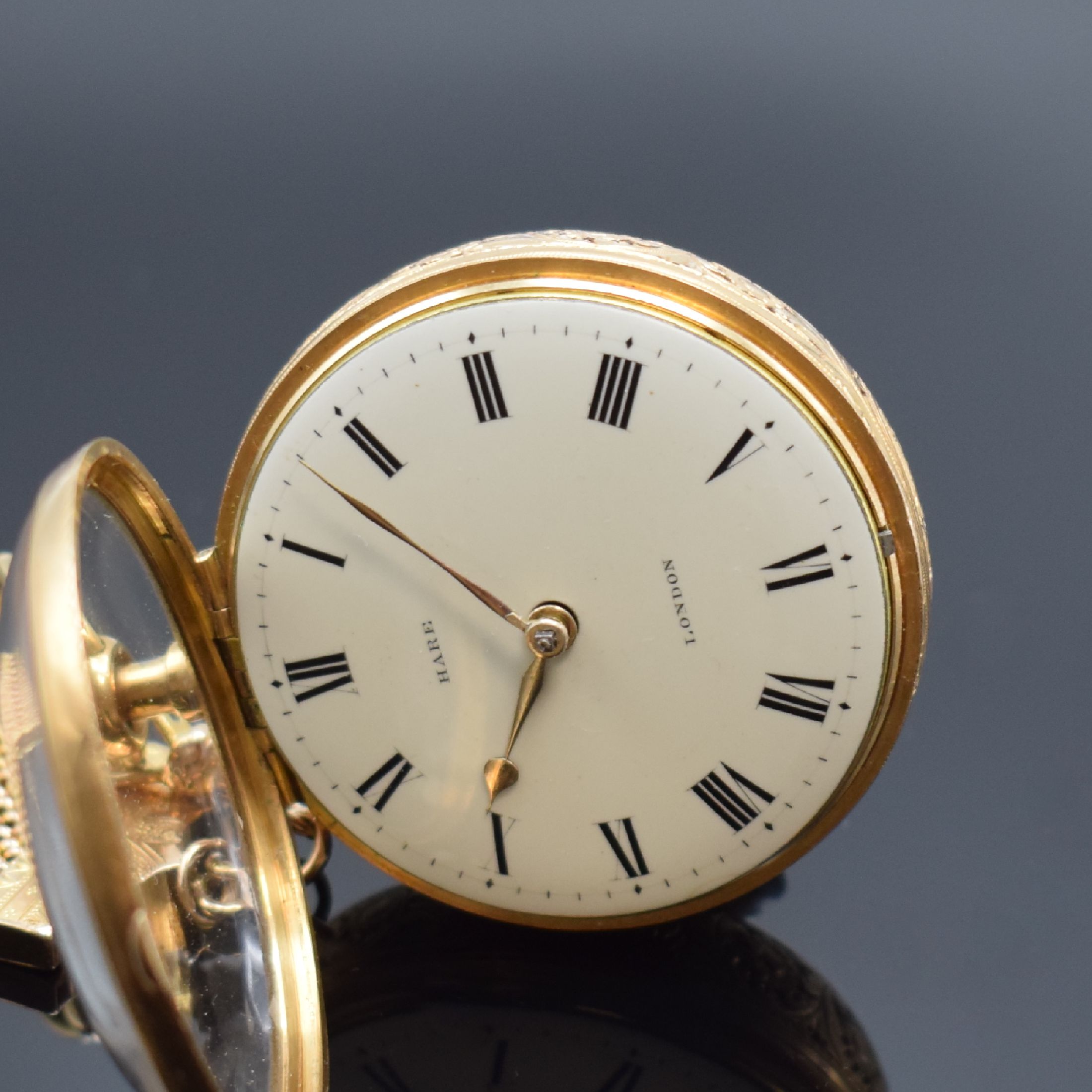 Detail d: ALEX. HARE London sehr schwere Duplex- Taschenuhr mit 1/4-Repetition in RG 750/000, England Hallmark 1815, Schlüsselaufzug, glattes Geh., seitl. ...
