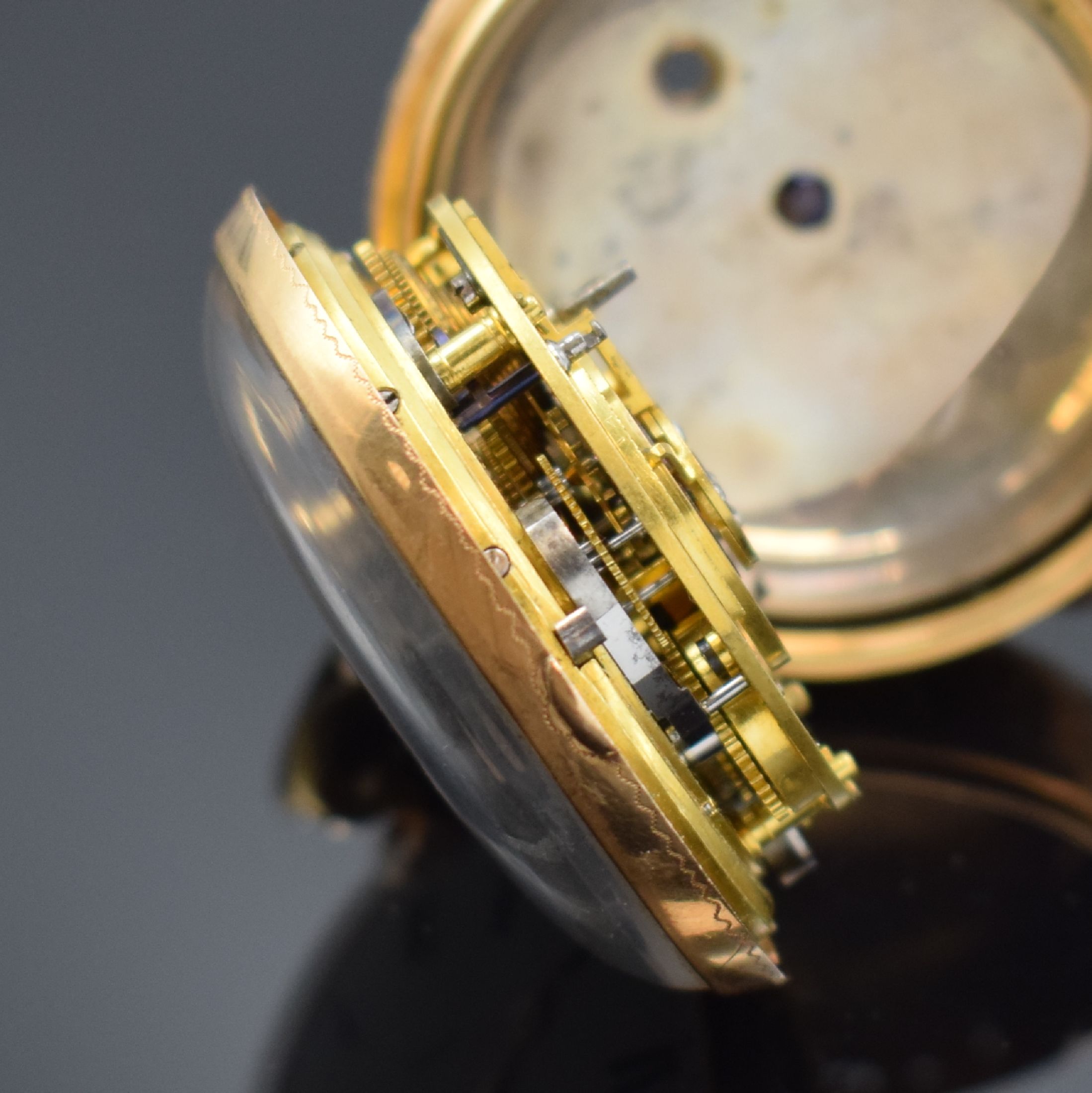 Detail h: ALEX. HARE London sehr schwere Duplex- Taschenuhr mit 1/4-Repetition in RG 750/000, England Hallmark 1815, Schlüsselaufzug, glattes Geh., seitl. ...