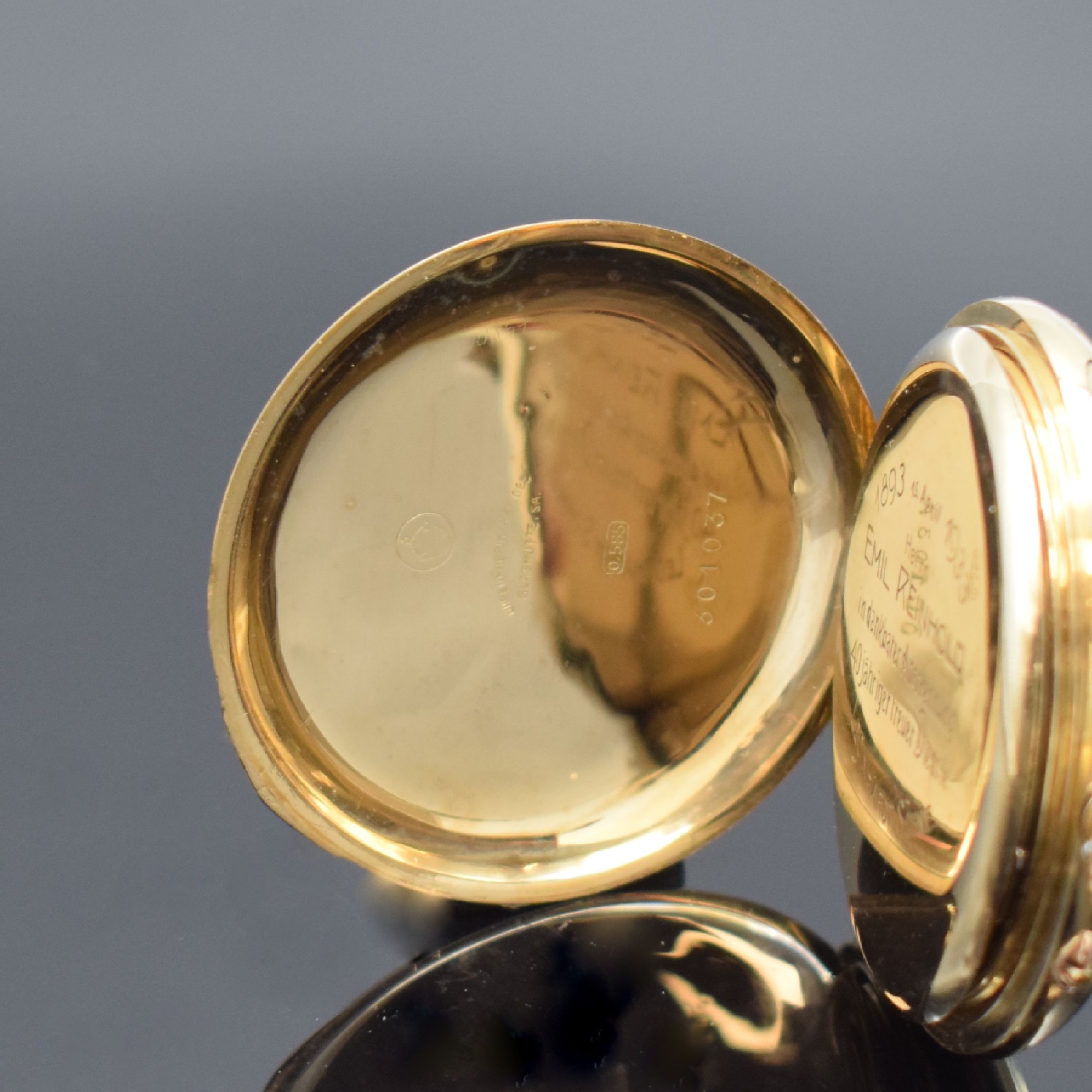 Detail b: DEUTSCHE PRÄZISIONS-UHRENFABRIK Glashütte eGmbH offene Herrentaschenuhr in GG 585/000, Deutschland 1930, glattes Geh., verg. Cuv. m. ...