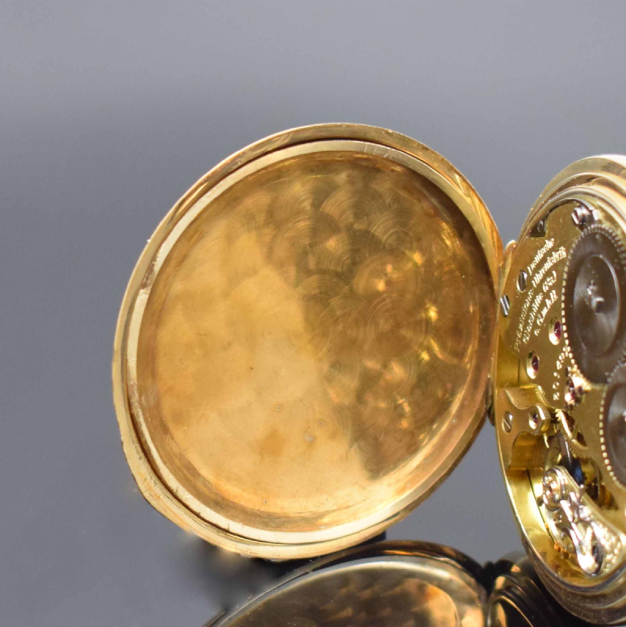 Detail d: DEUTSCHE PRÄZISIONS-UHRENFABRIK Glashütte eGmbH offene Herrentaschenuhr in GG 585/000, Deutschland 1930, glattes Geh., verg. Cuv. m. ...