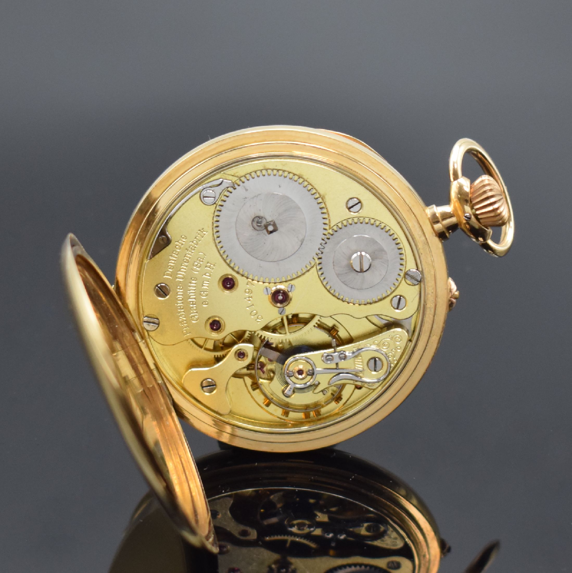 Detail e: DEUTSCHE PRÄZISIONS-UHRENFABRIK Glashütte eGmbH offene Herrentaschenuhr in GG 585/000, Deutschland 1930, glattes Geh., verg. Cuv. m. ...
