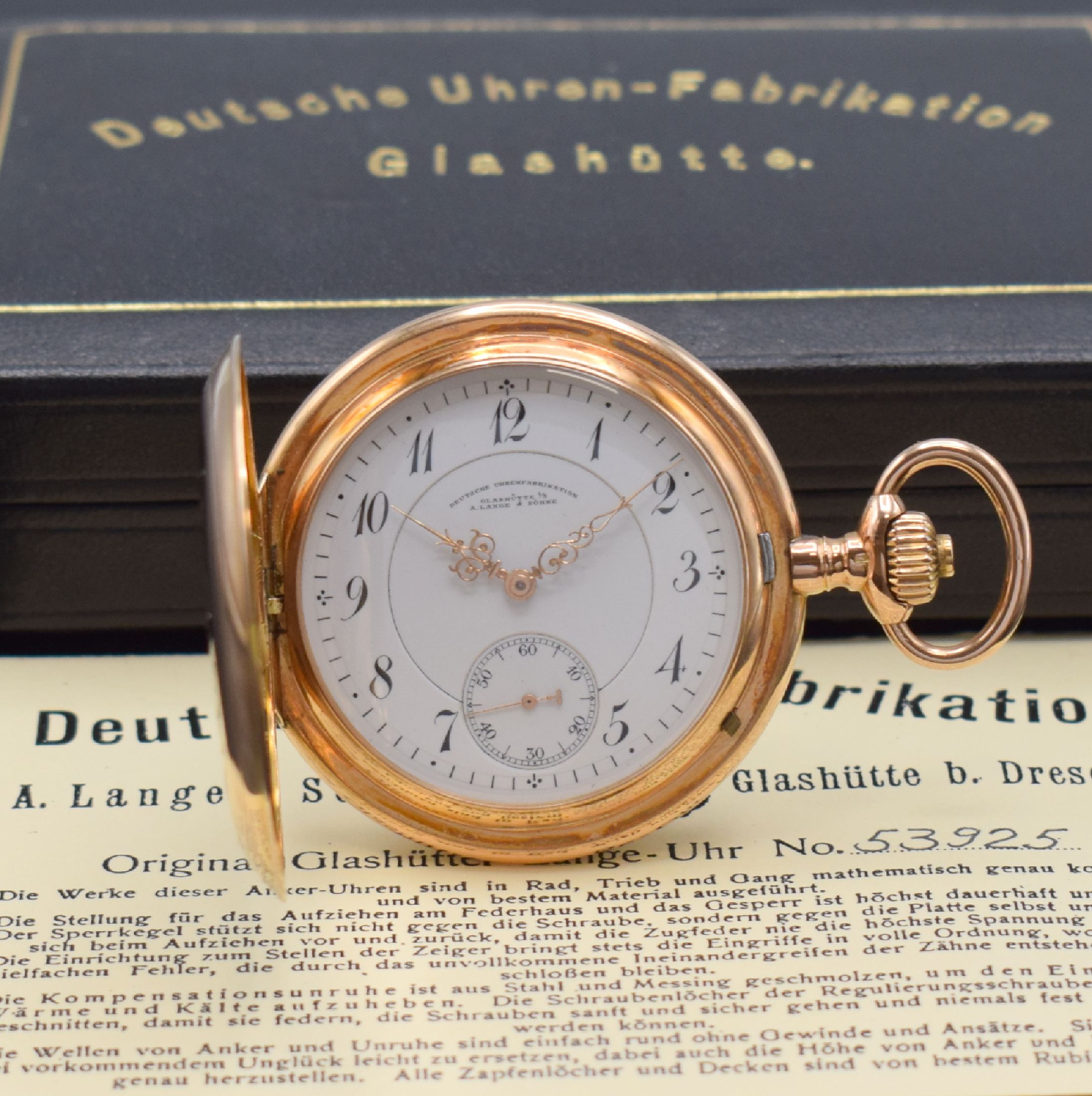 A. LANGE & SÖHNE DUF Savonette in RG 585/000, Deutschland um 1905, guill. 3- Deckel Goldgeh. dell./ber., Sprungdeckel m. Schmuckmonogramm, Cuv. m. ...