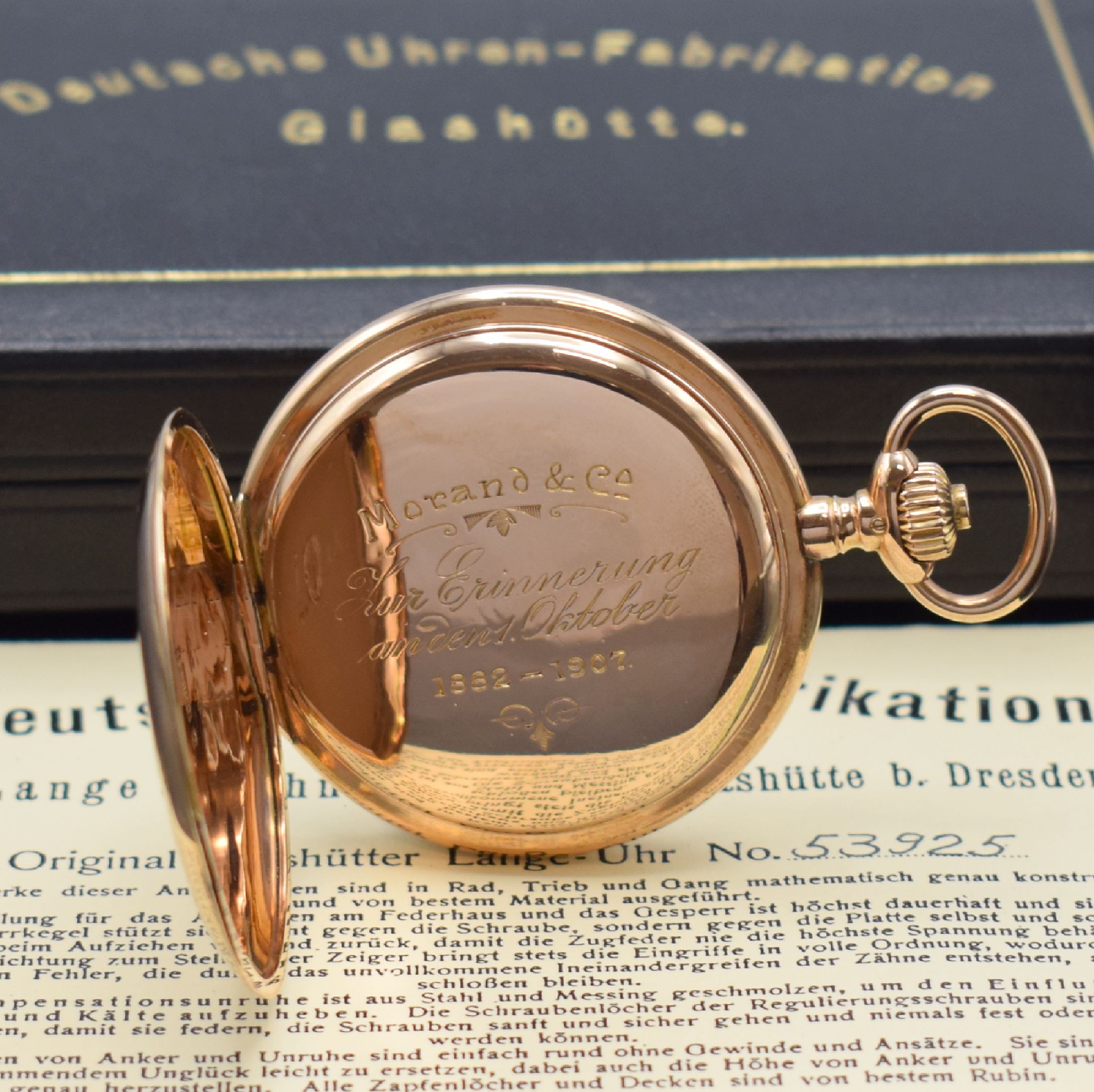 Detail e: A. LANGE & SÖHNE DUF Savonette in RG 585/000, Deutschland um 1905, guill. 3- Deckel Goldgeh. dell./ber., Sprungdeckel m. Schmuckmonogramm, Cuv. m. ...