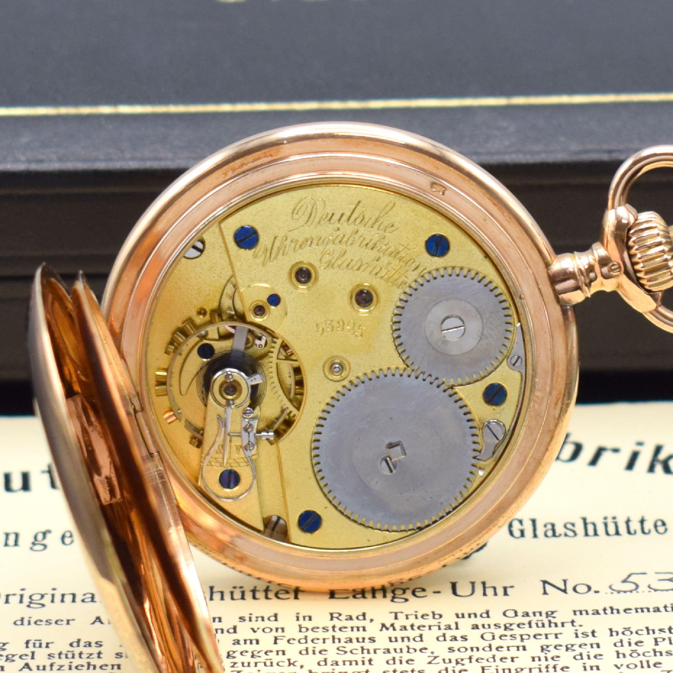 Detail g: A. LANGE & SÖHNE DUF Savonette in RG 585/000, Deutschland um 1905, guill. 3- Deckel Goldgeh. dell./ber., Sprungdeckel m. Schmuckmonogramm, Cuv. m. ...