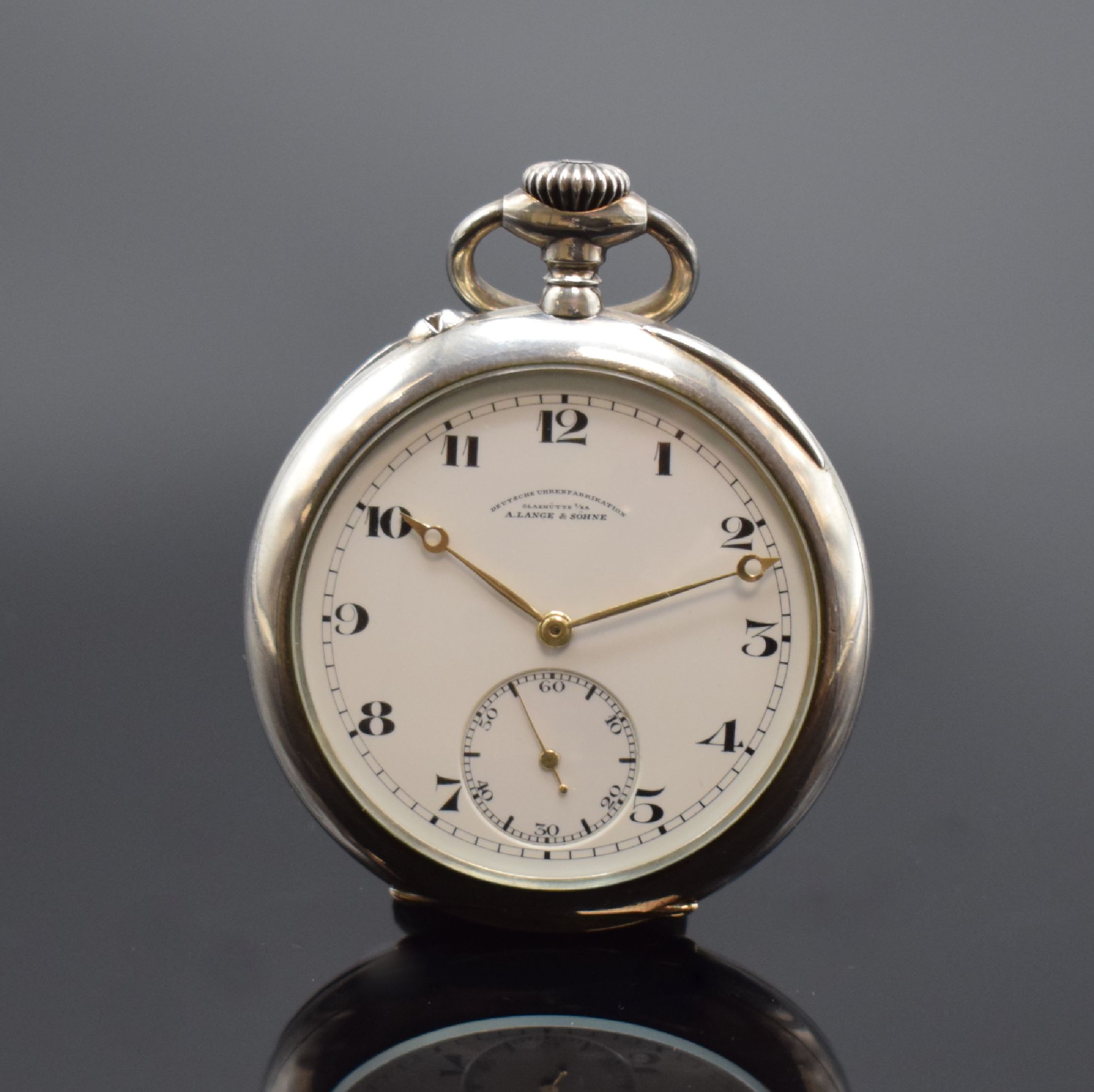 A. LANGE & SÖHNE DUF offene Herrentaschenuhr in Silber, Deutschland um 1920, guill. Geh., Goldscharniere, 2-teil. Emailzifferbl., ...
