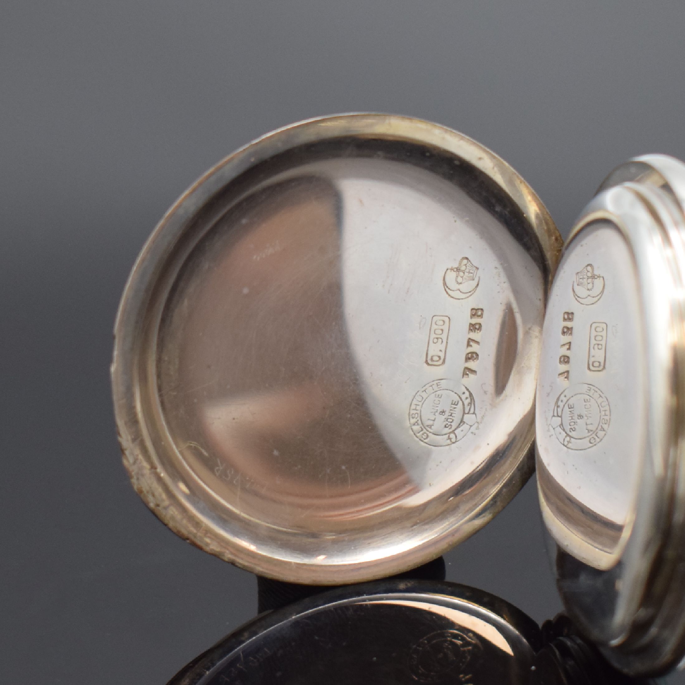 Detail b: A. LANGE & SÖHNE DUF offene Herrentaschenuhr in Silber, Deutschland um 1920, guill. Geh., Goldscharniere, 2-teil. Emailzifferbl., ...