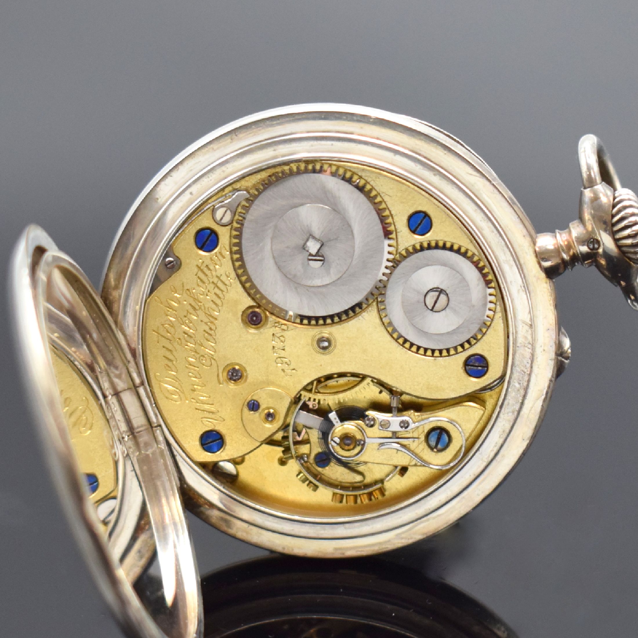 Detail e: A. LANGE & SÖHNE DUF offene Herrentaschenuhr in Silber, Deutschland um 1920, guill. Geh., Goldscharniere, 2-teil. Emailzifferbl., ...