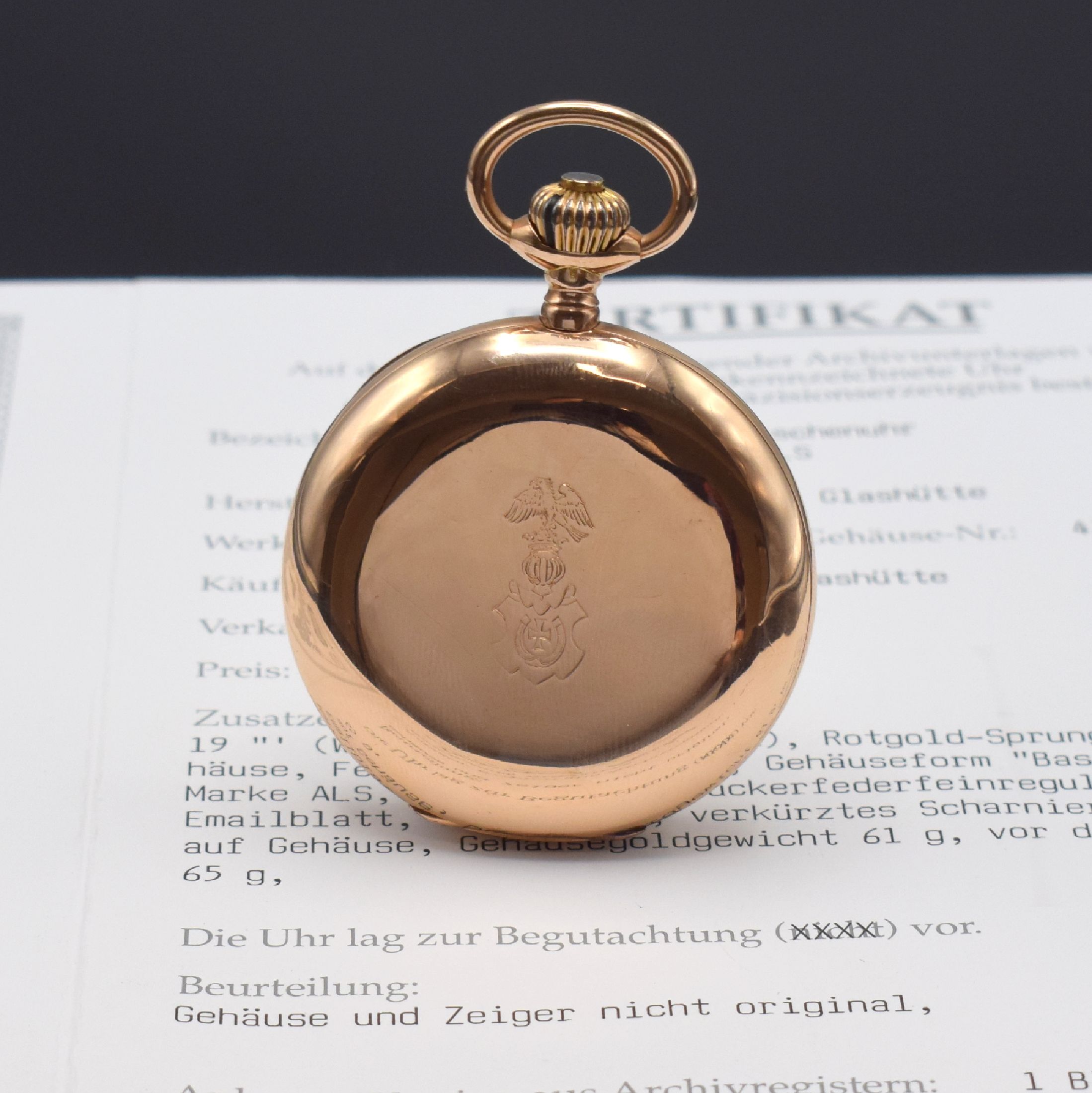 Detail a: A. LANGE & SÖHNE 1A Taschenuhrwerk im neutralen RG 585/000 Gehäuse, lt. beil. Stammbuchauszug wurde das Werk im original Gehäuse 1898 an RICHARD ...