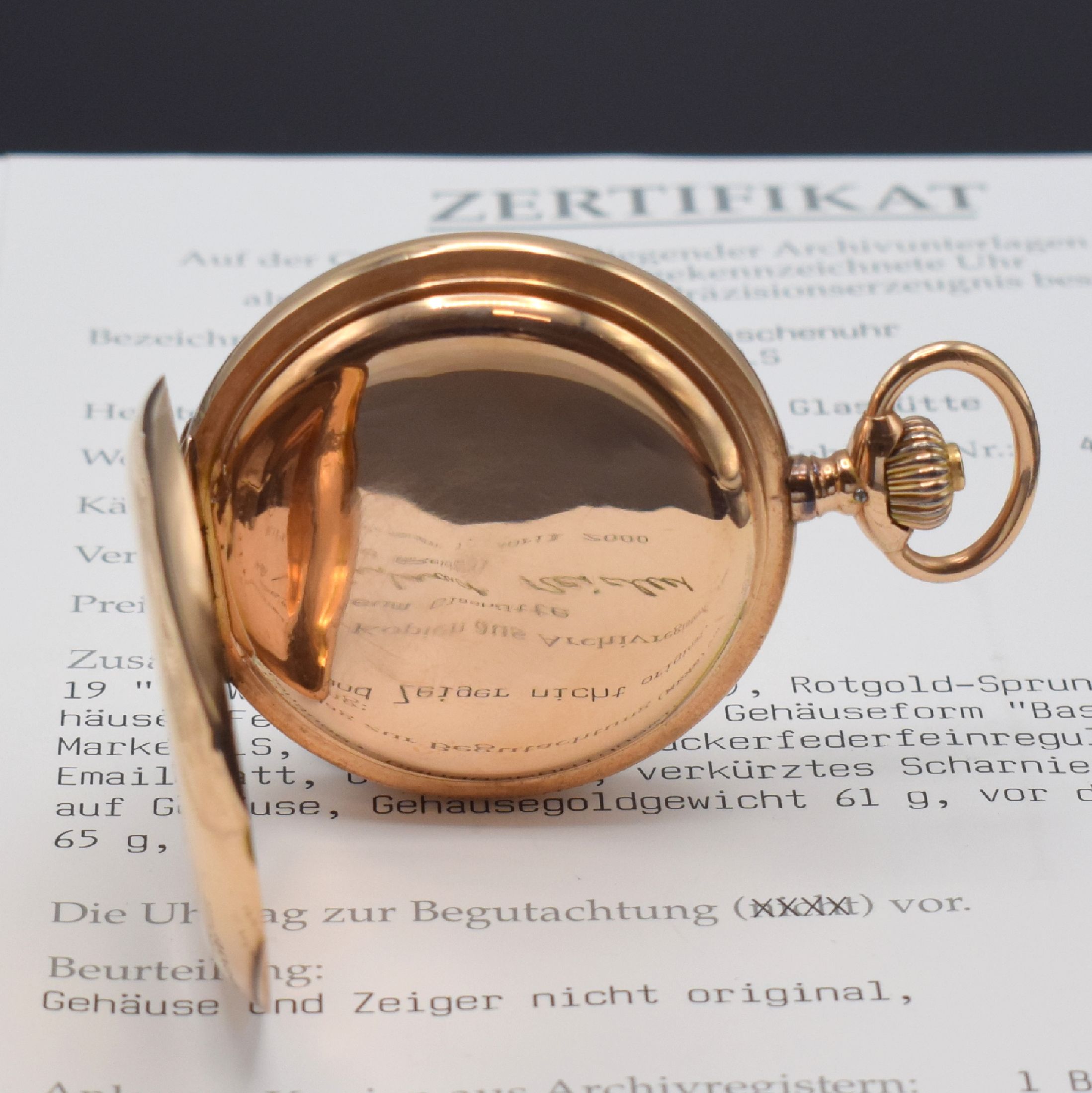 Detail c: A. LANGE & SÖHNE 1A Taschenuhrwerk im neutralen RG 585/000 Gehäuse, lt. beil. Stammbuchauszug wurde das Werk im original Gehäuse 1898 an RICHARD ...