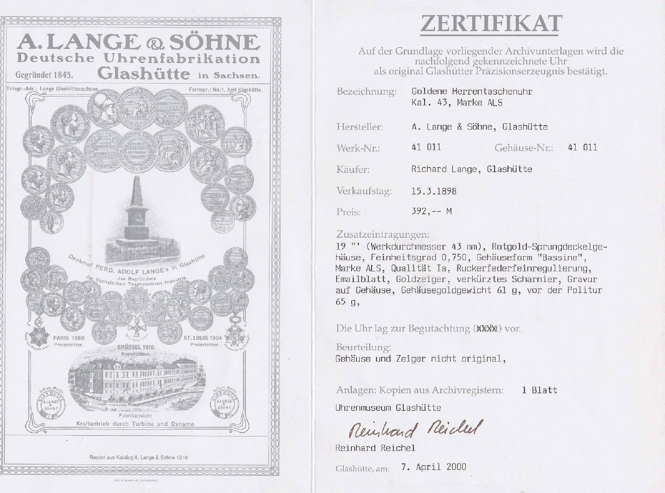 Detail e: A. LANGE & SÖHNE 1A Taschenuhrwerk im neutralen RG 585/000 Gehäuse, lt. beil. Stammbuchauszug wurde das Werk im original Gehäuse 1898 an RICHARD ...