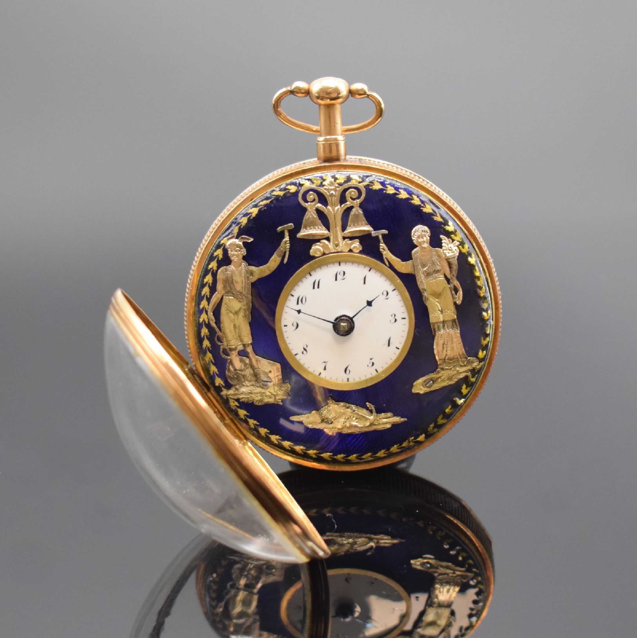 Spindeltaschenuhr mit 1/4 Stunden-Repetition und Jaquemarts in RG 750/000, Schweiz um 1820, glattes Geh. m. gerippten Rand, verg. Cuvette, ...