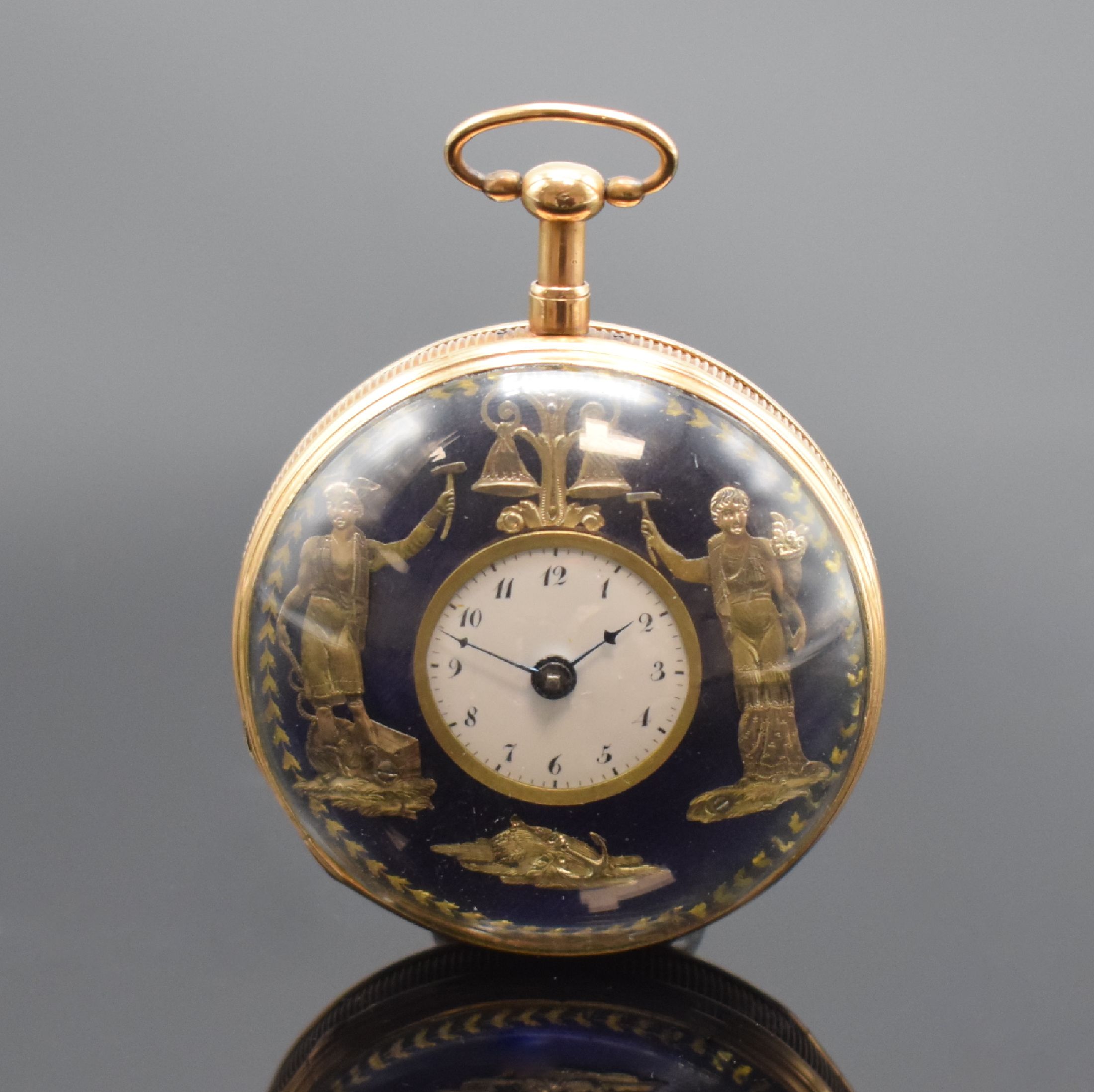 Detail a: Spindeltaschenuhr mit 1/4 Stunden-Repetition und Jaquemarts in RG 750/000, Schweiz um 1820, glattes Geh. m. gerippten Rand, verg. Cuvette, ...