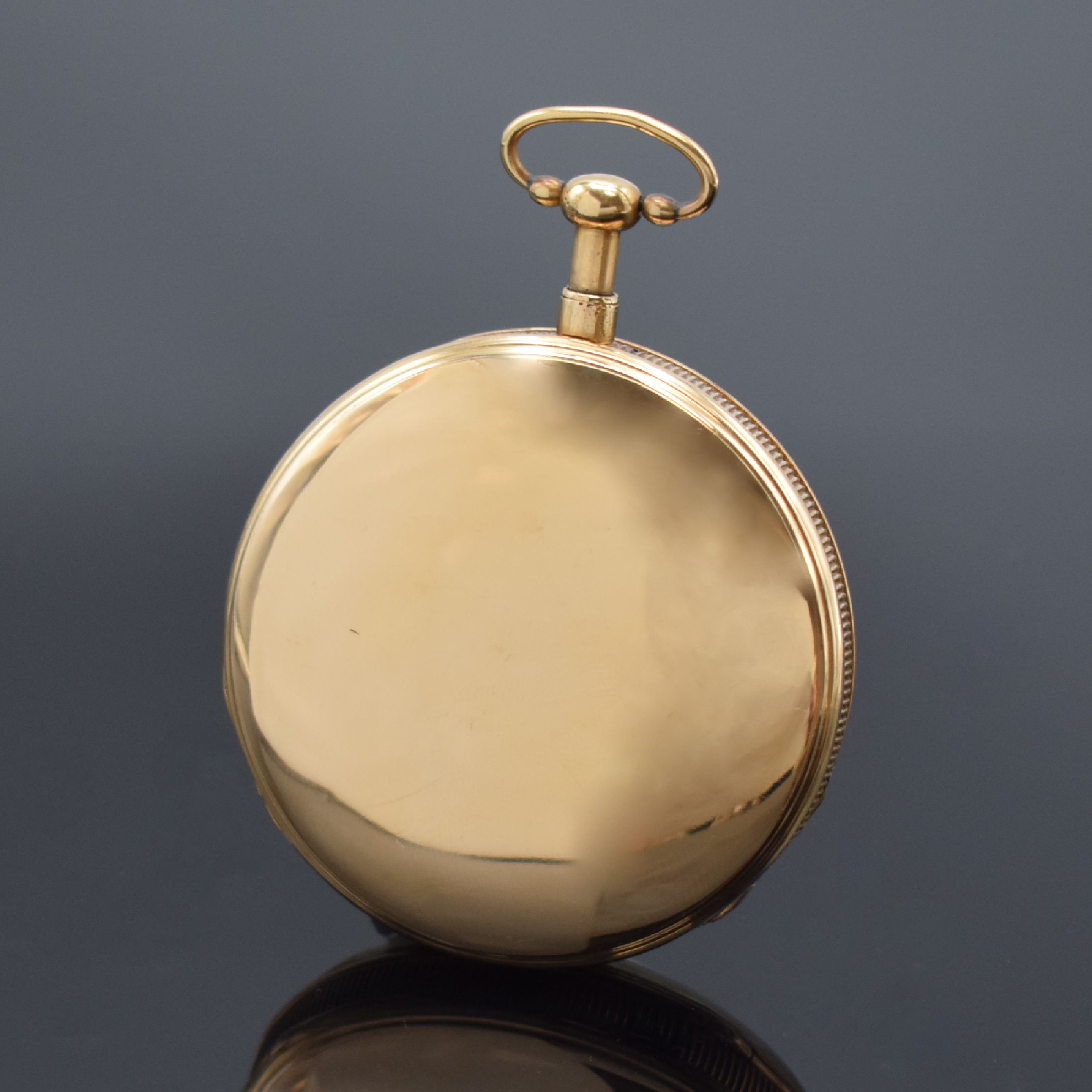 Detail b: Spindeltaschenuhr mit 1/4 Stunden-Repetition und Jaquemarts in RG 750/000, Schweiz um 1820, glattes Geh. m. gerippten Rand, verg. Cuvette, ...