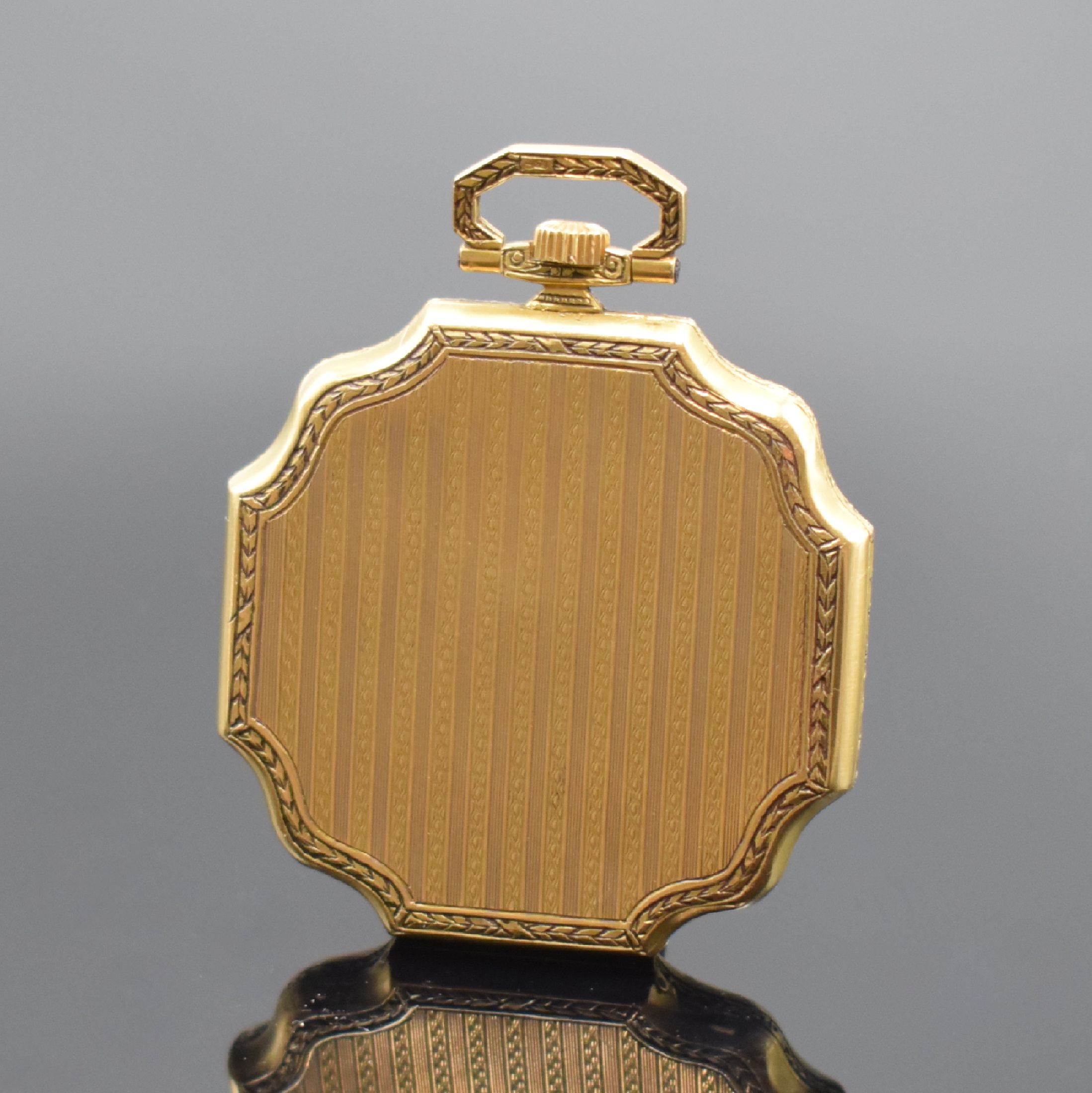 Detail a: Offene Herrentaschenuhr in GG 750/000, Schweiz um 1925, ausgefallenes, streifenguill. Geh. , Ränder und Bügel floral grav., silb. Zifferbl. ...