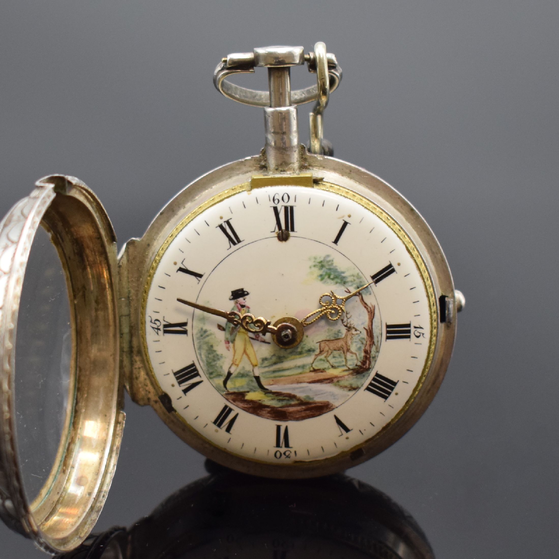 Detail c: FLORIAN MARÄSECK in Burghausen große Spindeltaschenuhr in Silber mit 1/4 Repetition, Deutschland um 1790, grav. Geh. m. großem Außenscharnier, ...