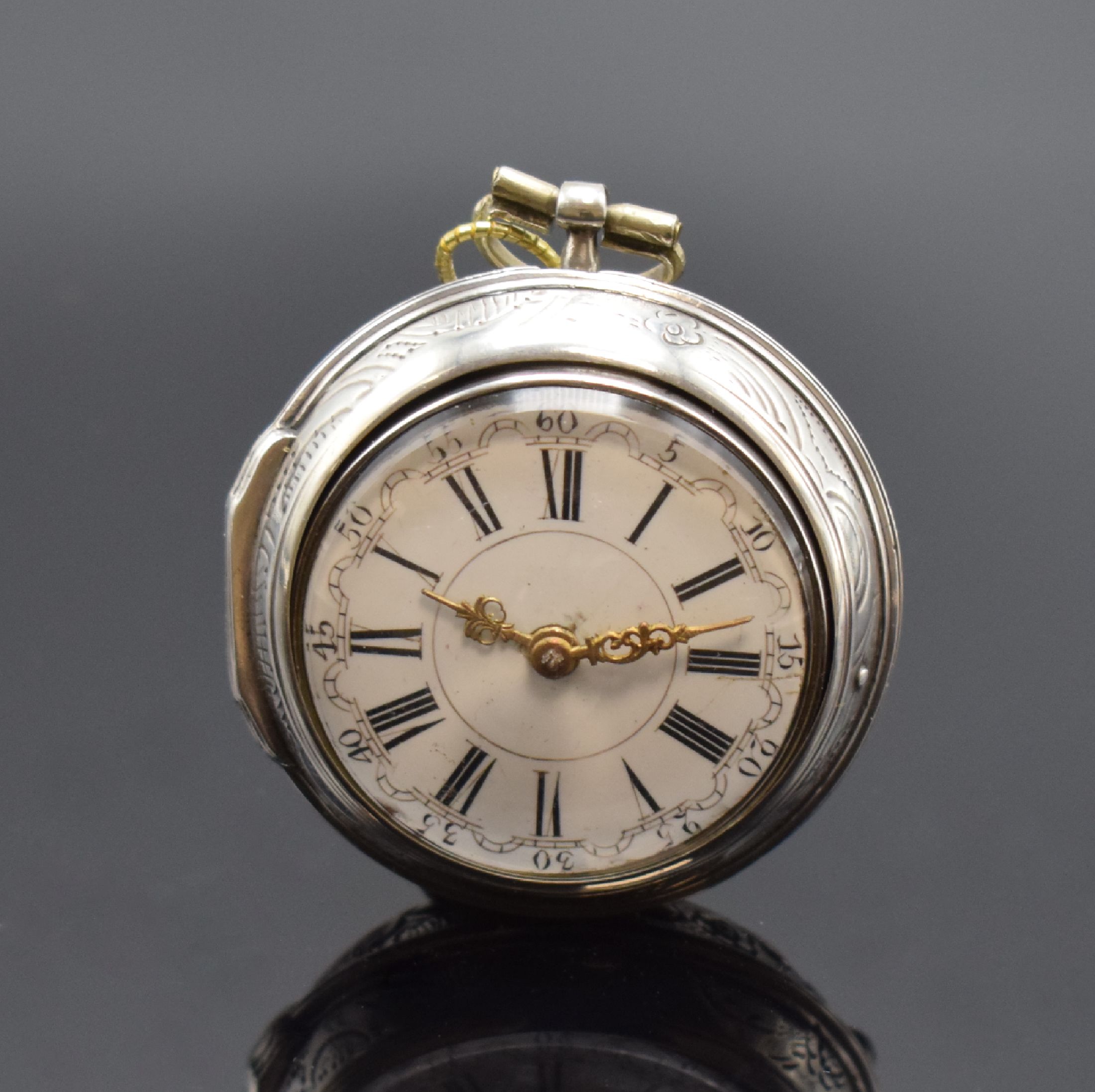 Detail b: JOSEPHSON London Repousse Spindeltaschenuhr mit 2 Übergehäusen in Silber, London Hallmark 1793, glattes Geh. dell., Repousse- Übergeh. m. ...