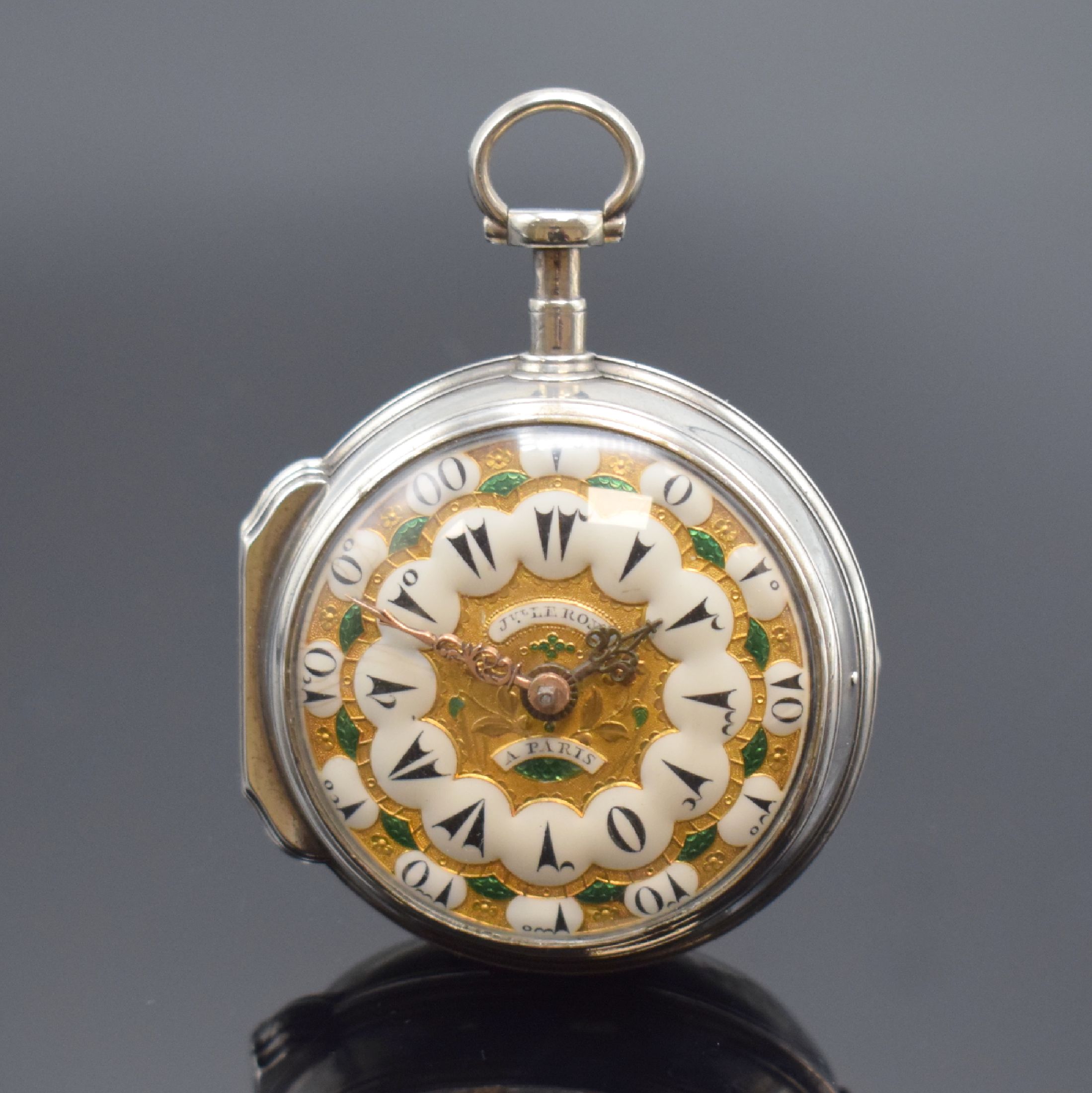 JULIEN LE ROY Spindeltaschenuhr in Silber, Frankreich um 1760, glattes Geh. dell., großes Außenscharnier, gold. Kartuschenzifferblatt m. ...