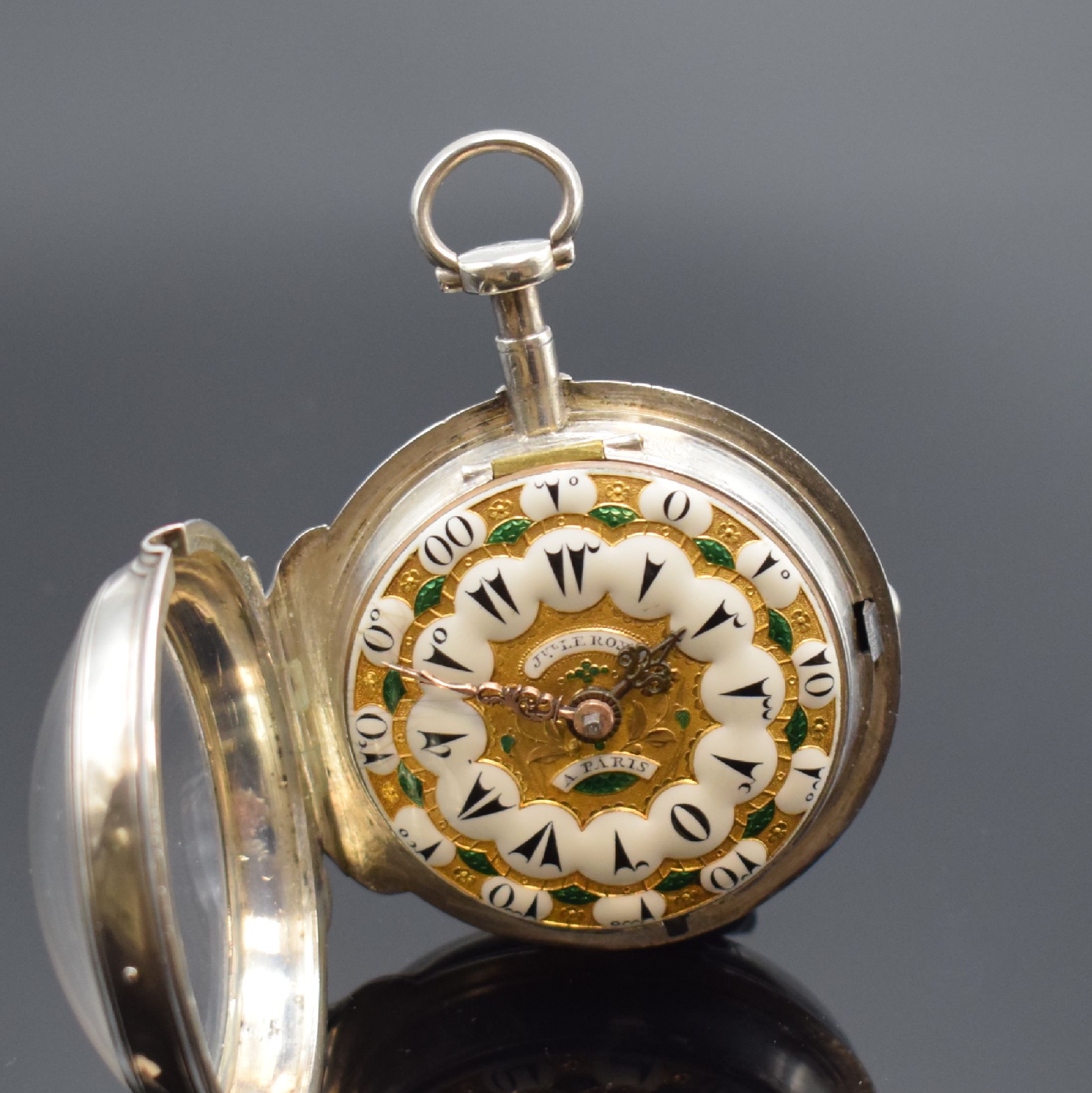 Detail b: JULIEN LE ROY Spindeltaschenuhr in Silber, Frankreich um 1760, glattes Geh. dell., großes Außenscharnier, gold. Kartuschenzifferblatt m. ...