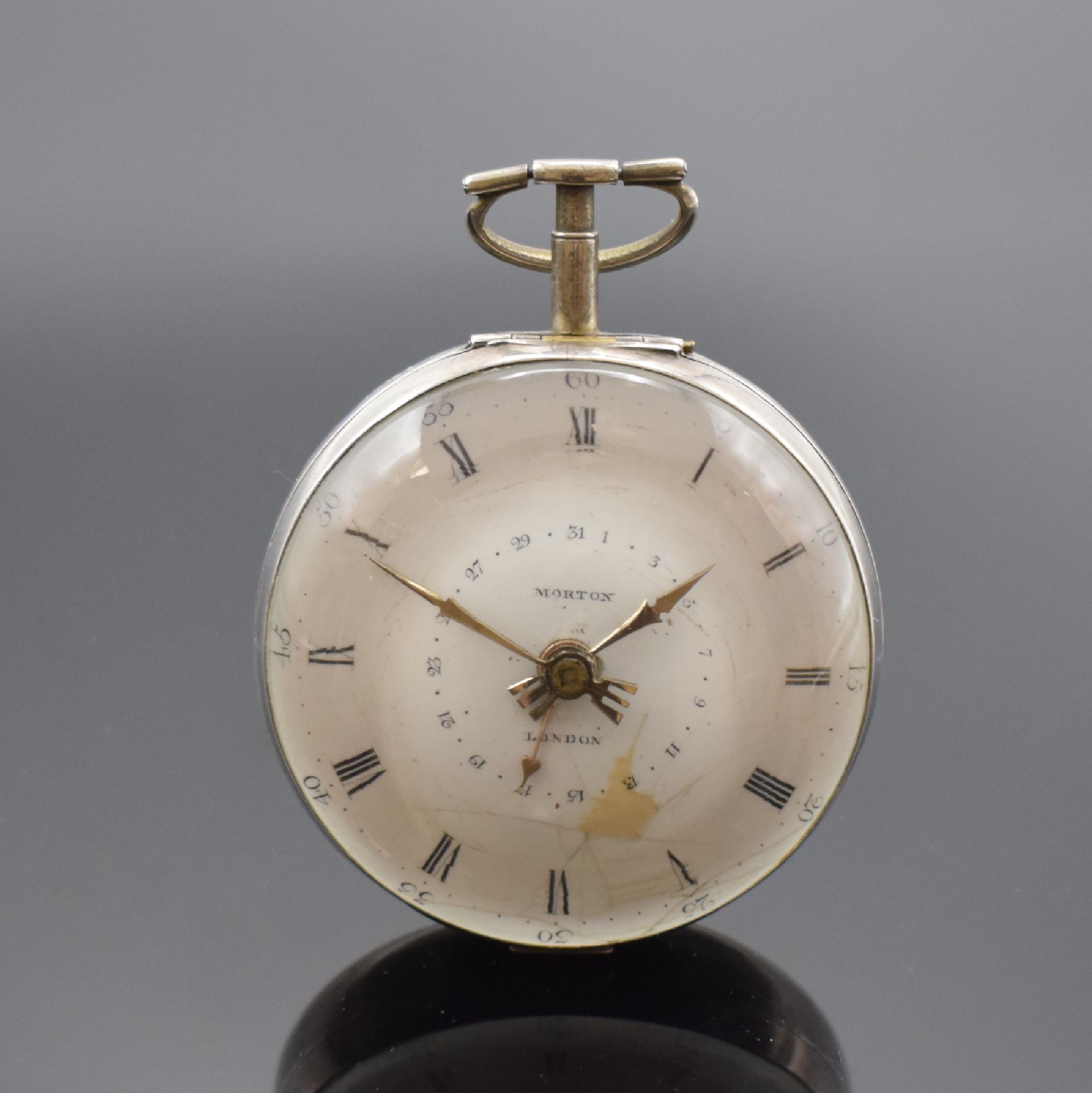 MORTON London große Spindeltaschenuhr mit Datum in Silber, Hallmark London 1796, glattes Geh. dell., Emailzifferbl. besch., Zeiger später, großes, ...