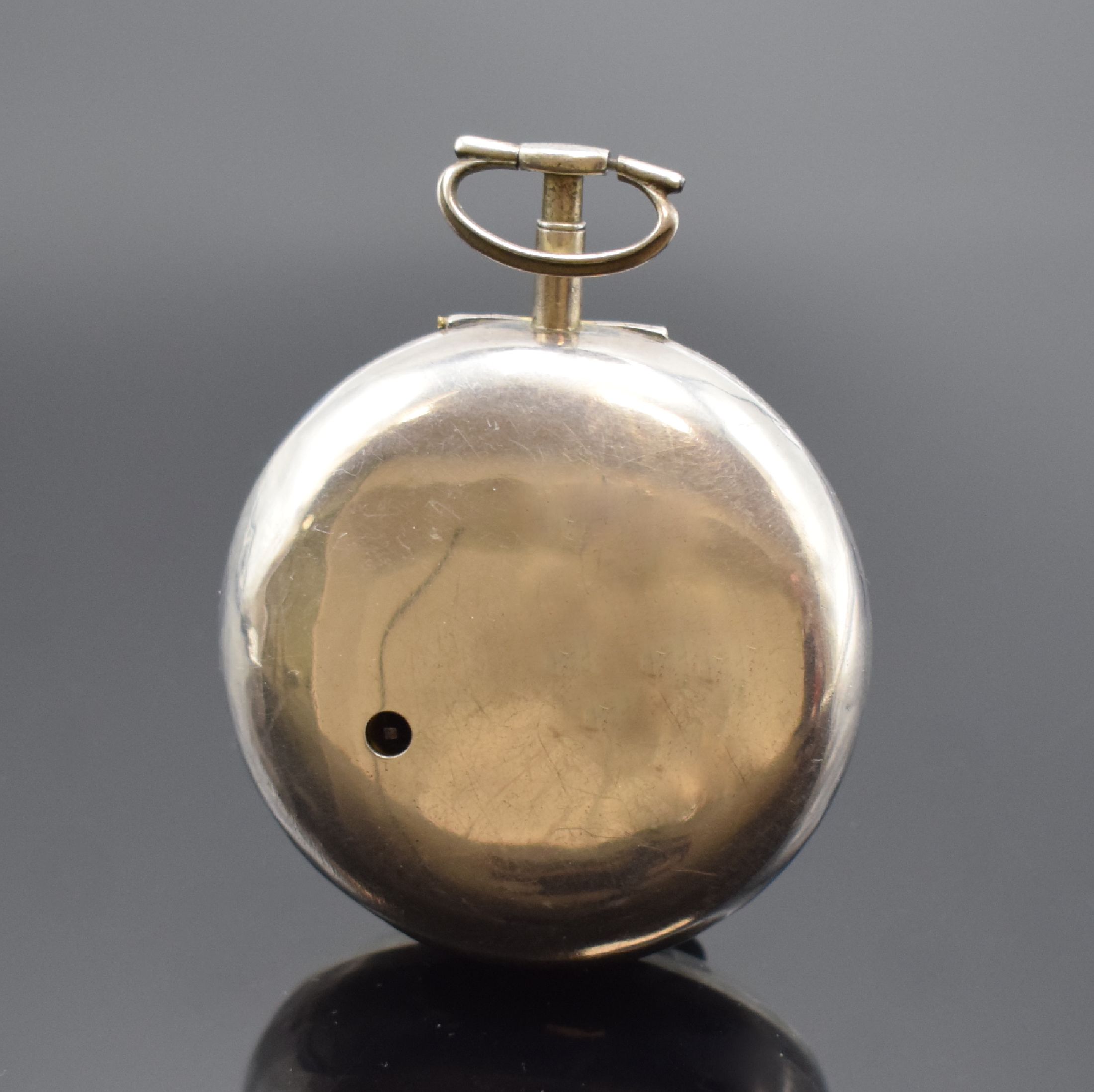 Detail a: MORTON London große Spindeltaschenuhr mit Datum in Silber, Hallmark London 1796, glattes Geh. dell., Emailzifferbl. besch., Zeiger später, großes, ...