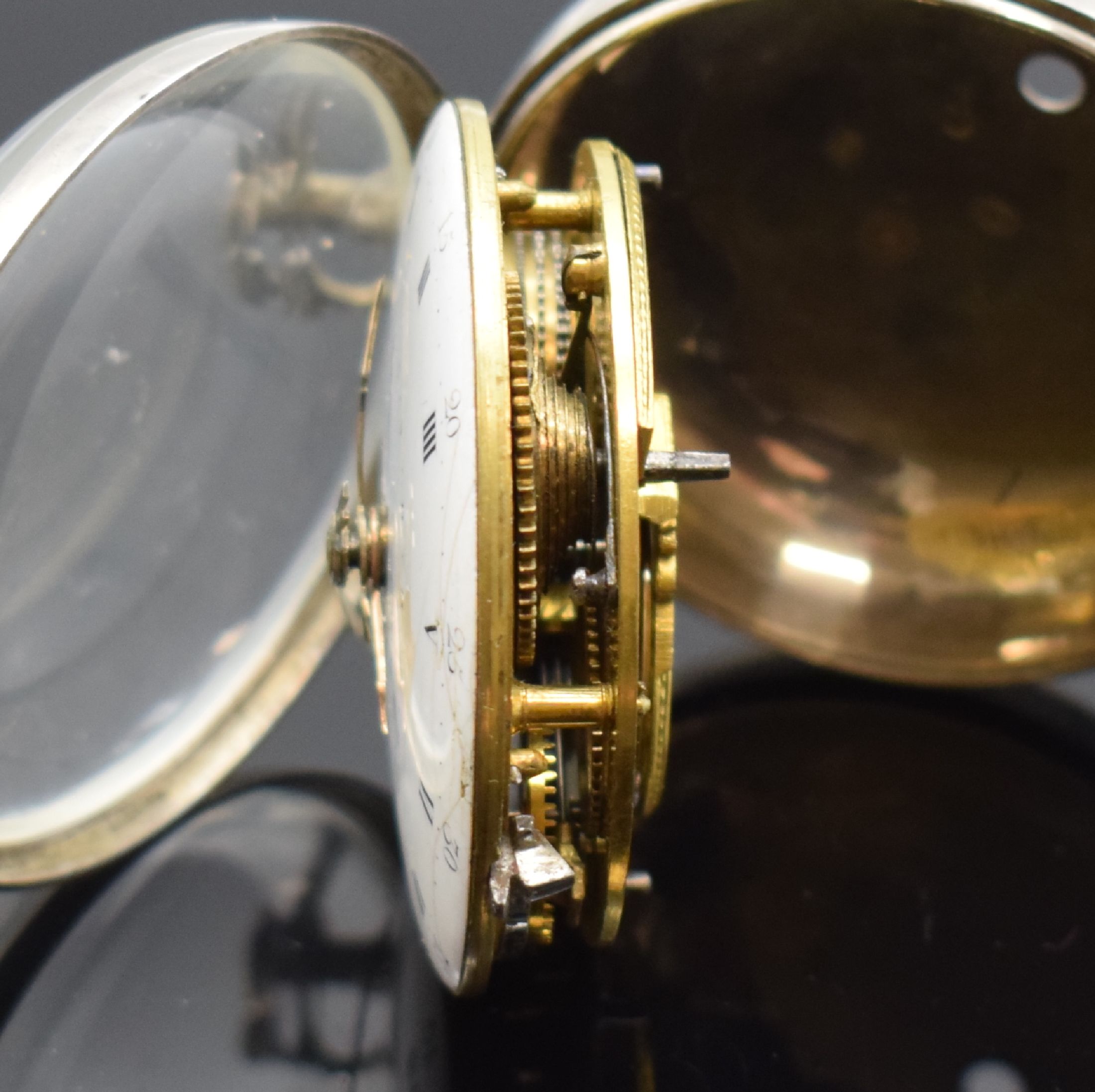 Detail f: MORTON London große Spindeltaschenuhr mit Datum in Silber, Hallmark London 1796, glattes Geh. dell., Emailzifferbl. besch., Zeiger später, großes, ...