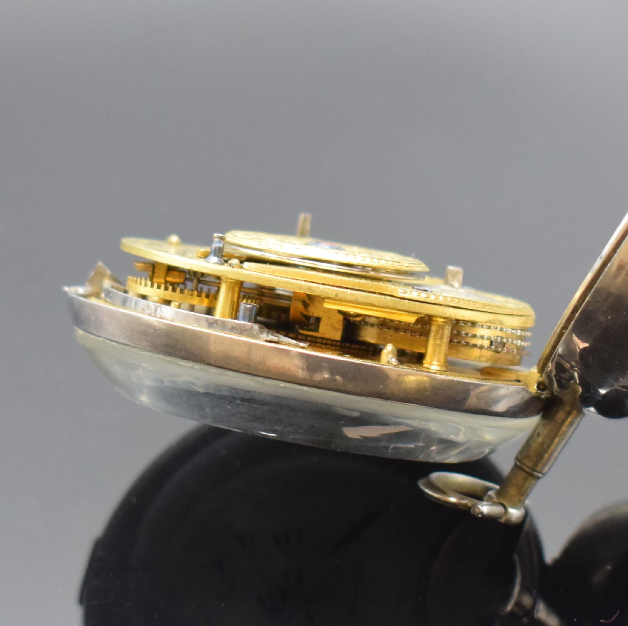 Detail g: MORTON London große Spindeltaschenuhr mit Datum in Silber, Hallmark London 1796, glattes Geh. dell., Emailzifferbl. besch., Zeiger später, großes, ...